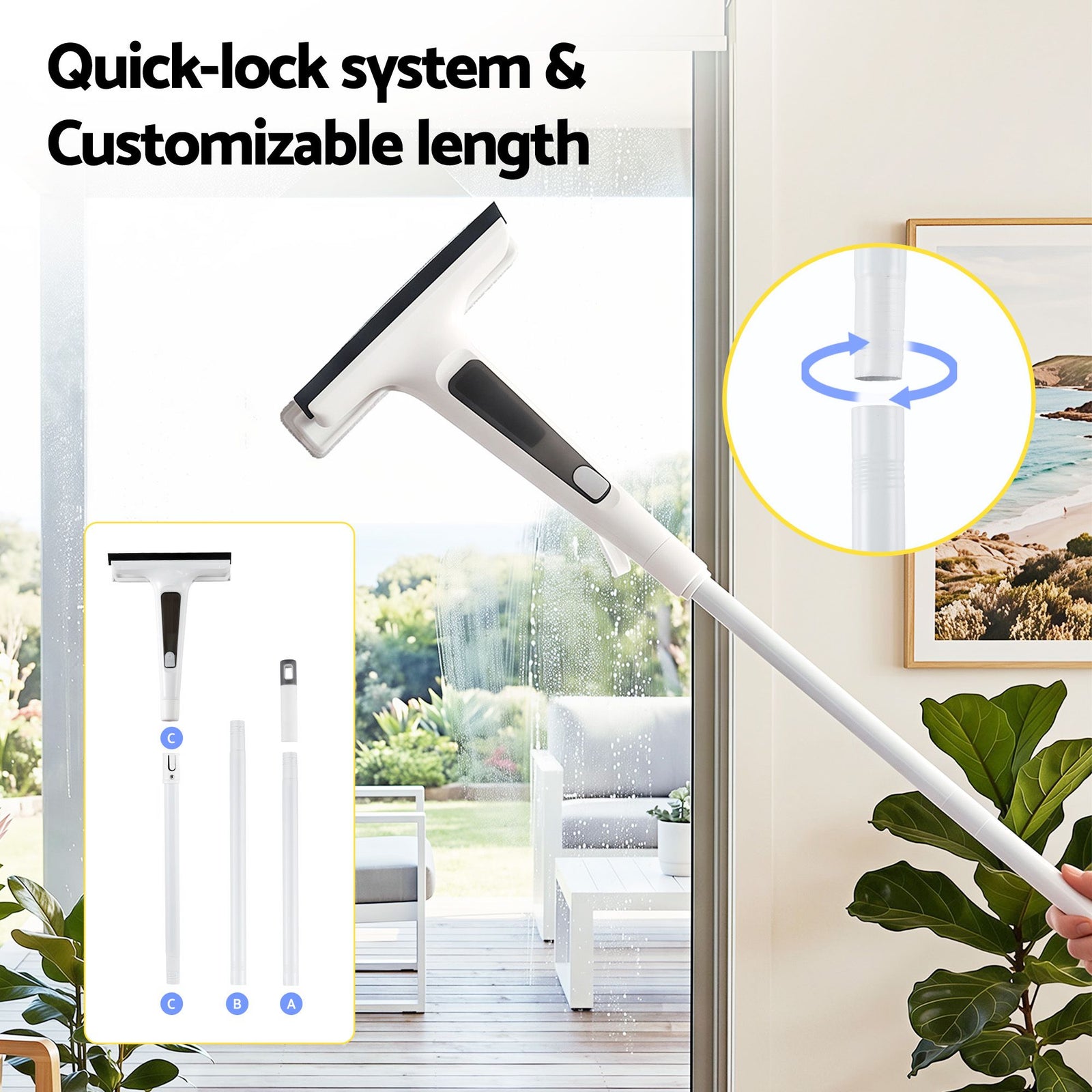 2‑in‑1 Window Cleaner – Spray Head, Microfiber Pads, Extendable 104–136cm