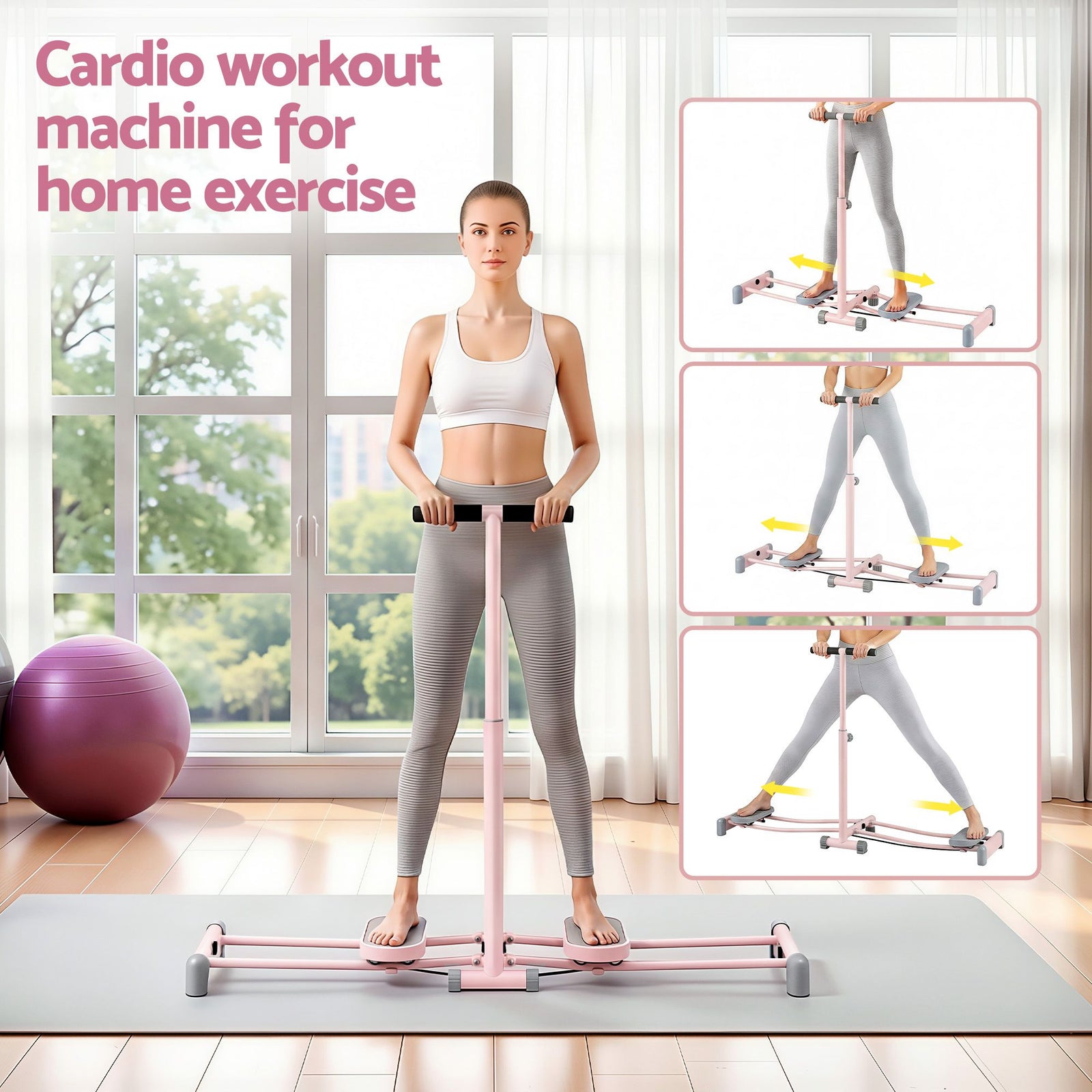Foldable Ski Exercise Machine Leg Thigh Trainer Home Fitness Cardio Pink