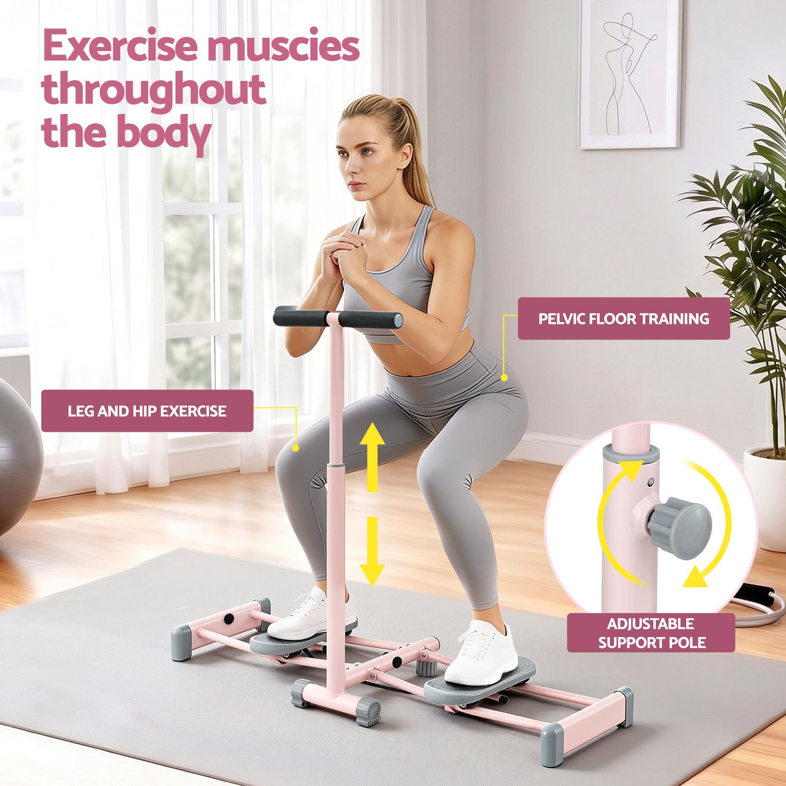 Foldable Ski Exercise Machine Leg Thigh Trainer Home Fitness Cardio Pink