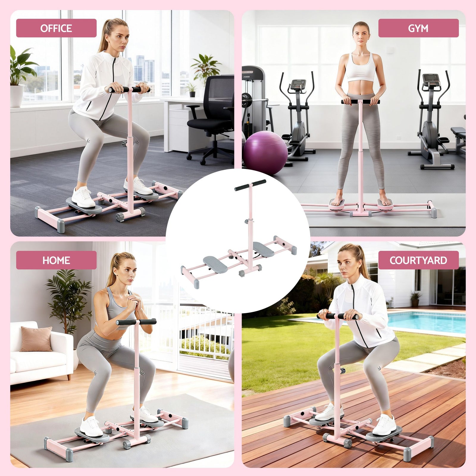 Foldable Ski Exercise Machine Leg Thigh Trainer Home Fitness Cardio Pink