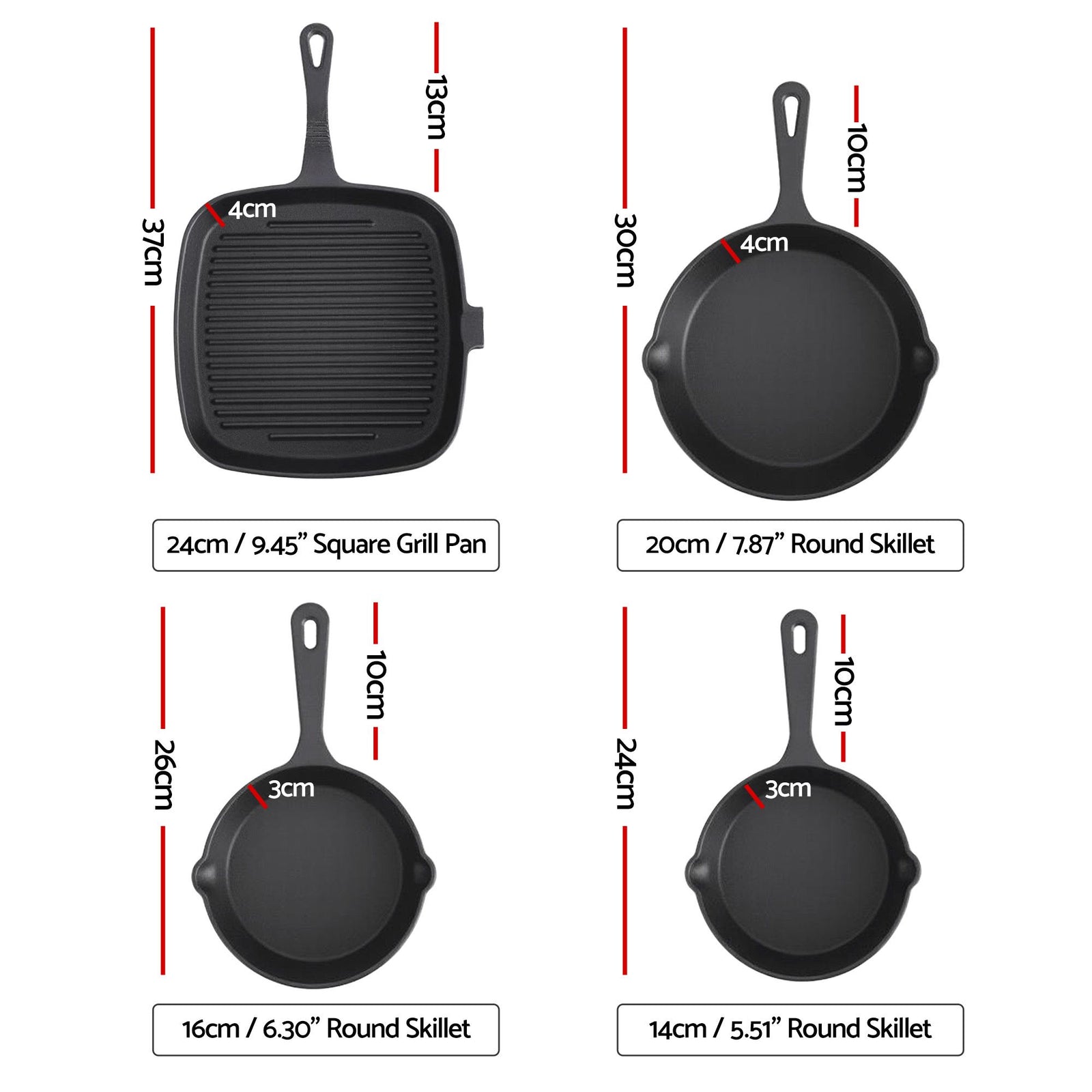 Cast Iron Fry Pan Set – 4‑Piece, 14–24cm, Dual Spouts, All Stovetops