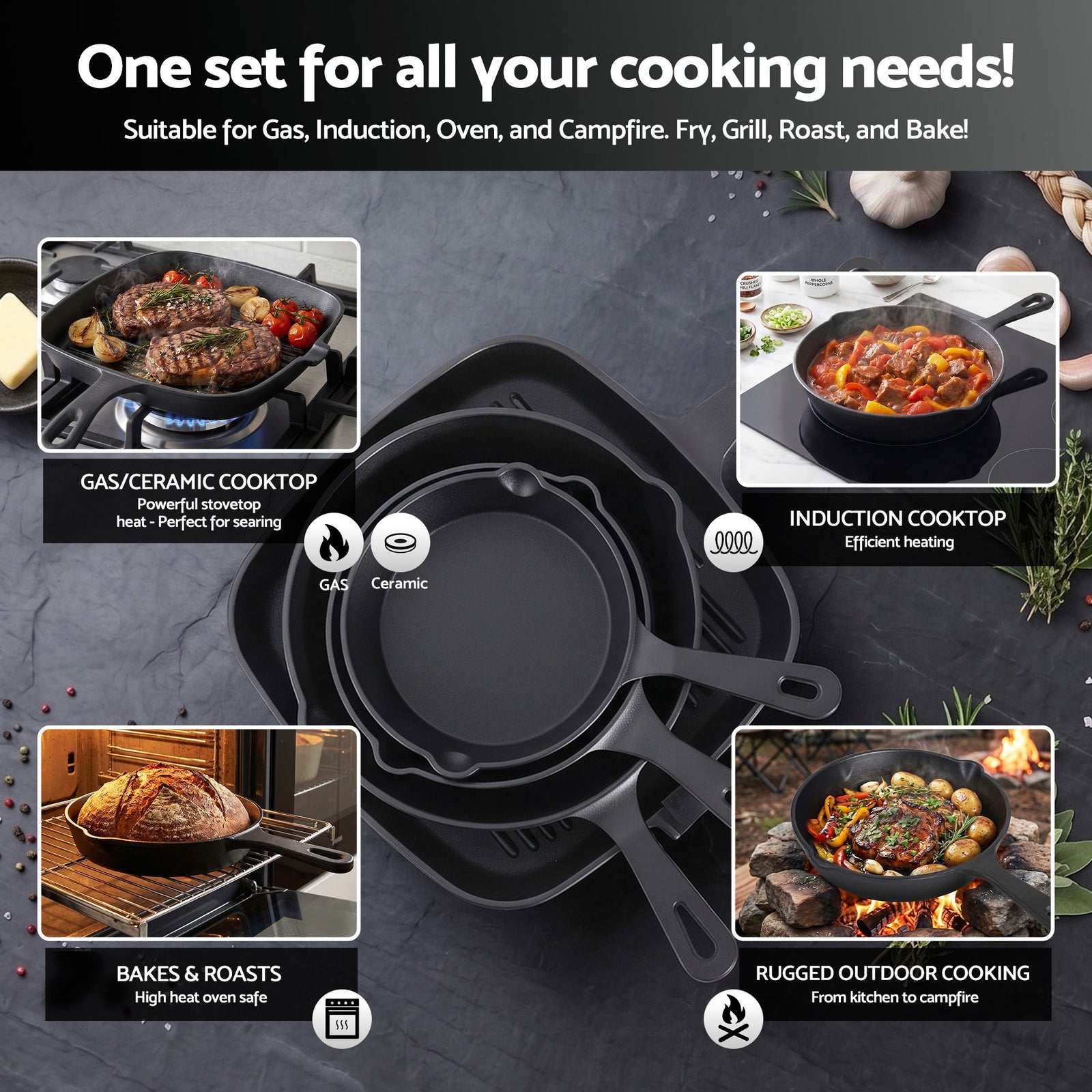 Cast Iron Fry Pan Set – 4‑Piece, 14–24cm, Dual Spouts, All Stovetops