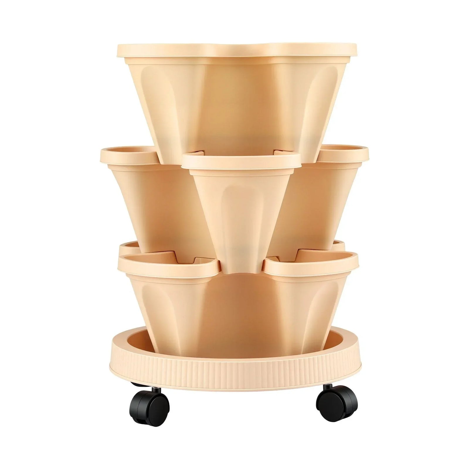 3 Tier Stackable Vertical Planter Tower Strawberry Pot Wheels Beige