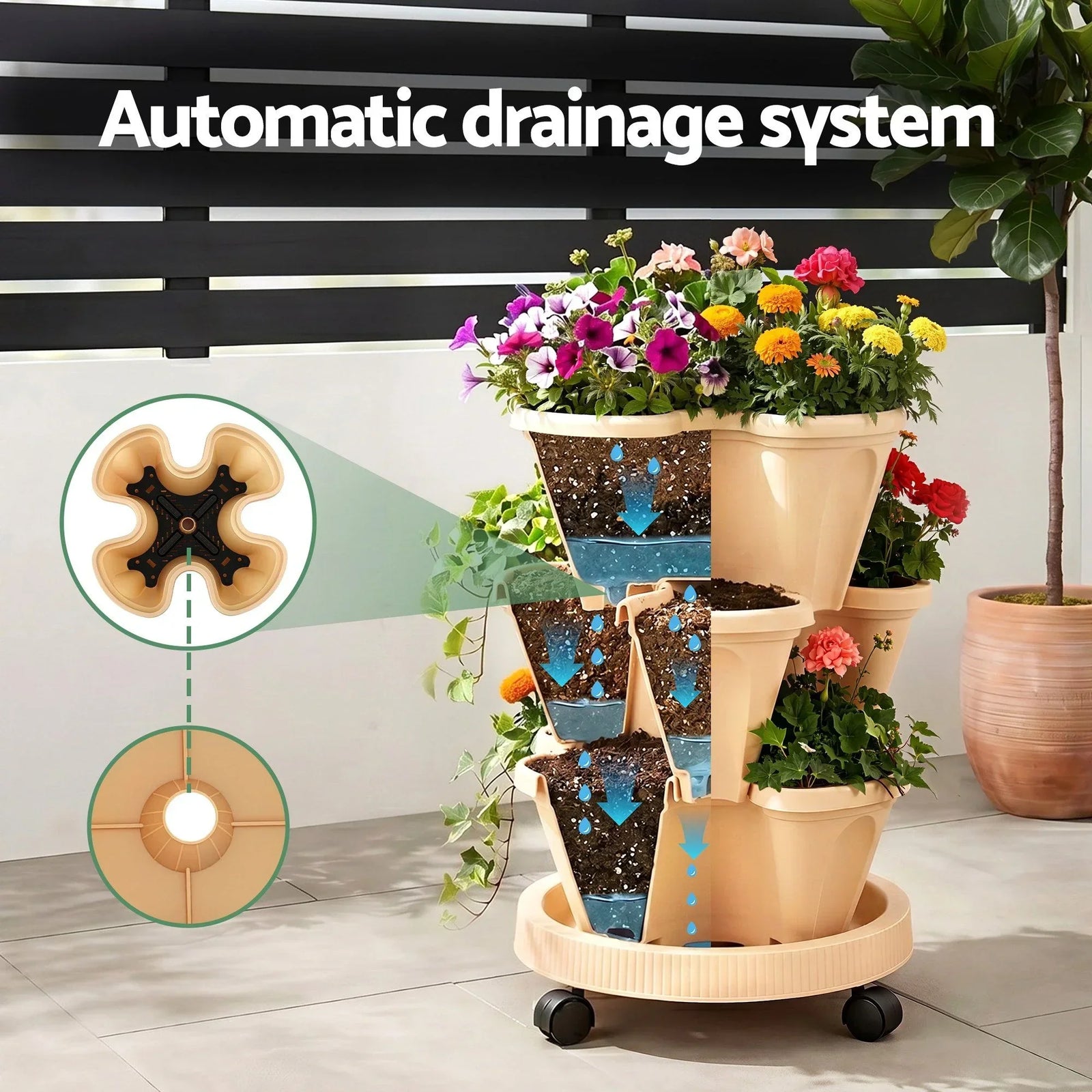 3 Tier Stackable Vertical Planter Tower Strawberry Pot Wheels Beige