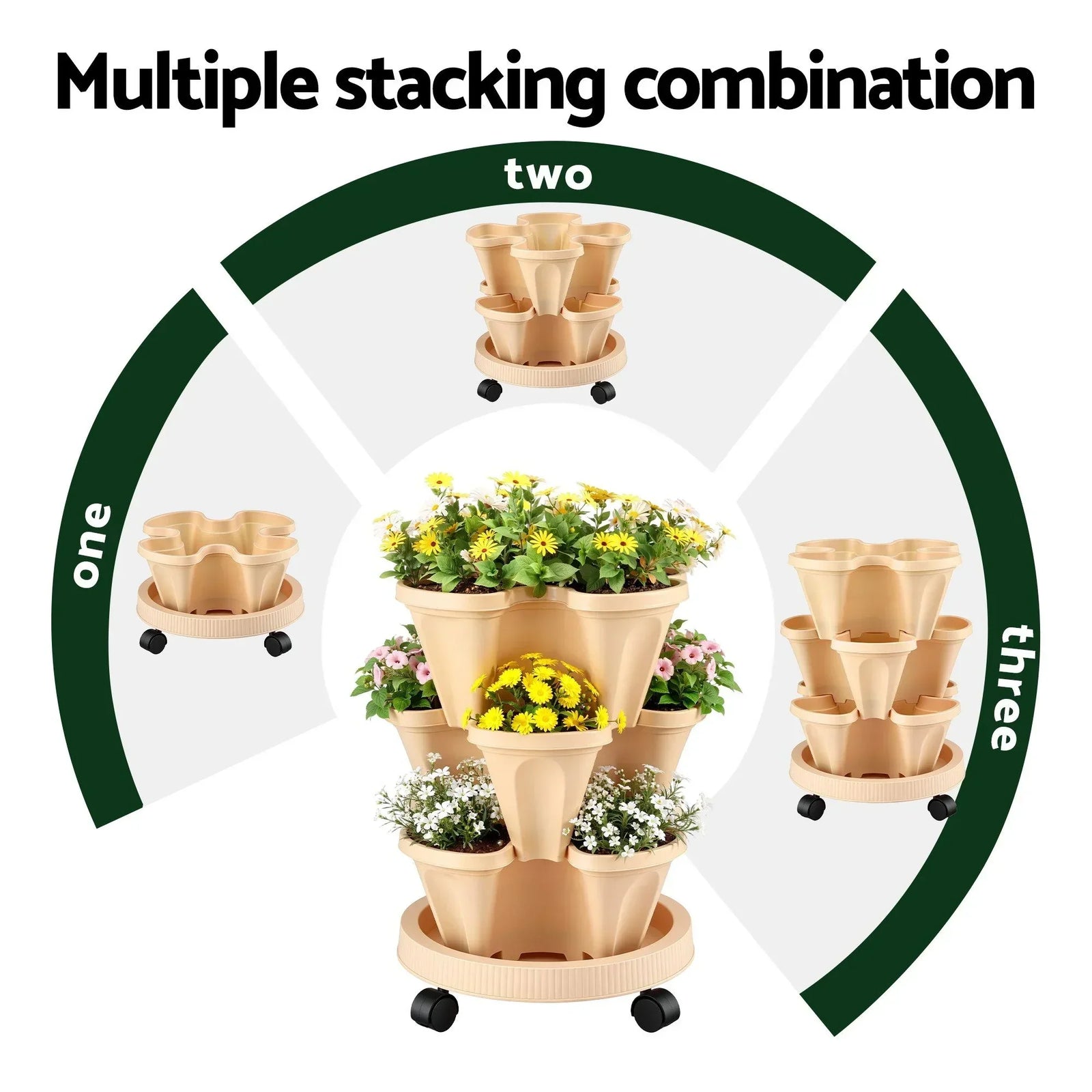 3 Tier Stackable Vertical Planter Tower Strawberry Pot Wheels Beige
