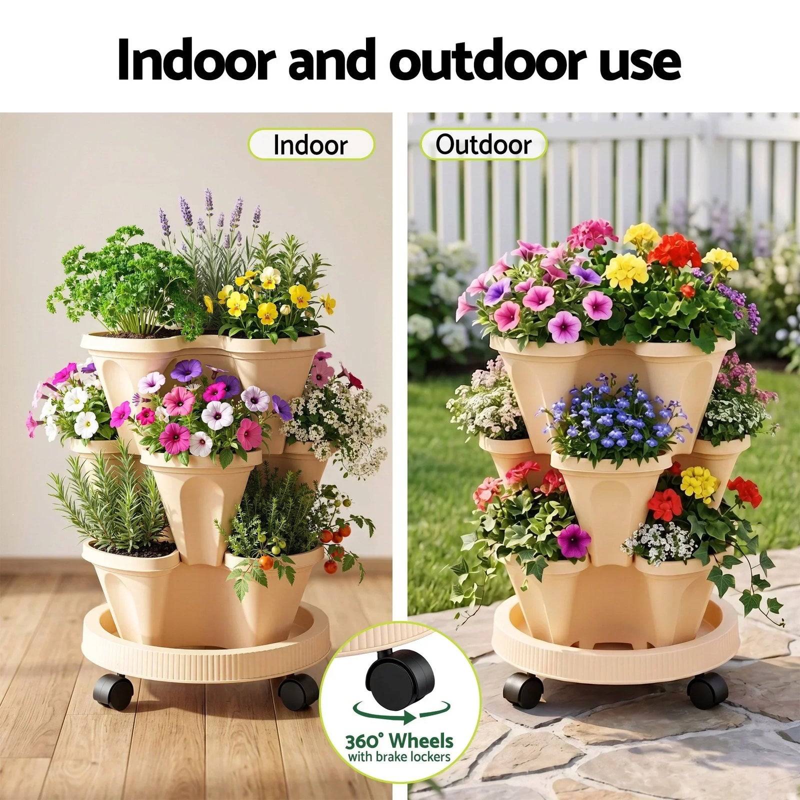 3 Tier Stackable Vertical Planter Tower Strawberry Pot Wheels Beige
