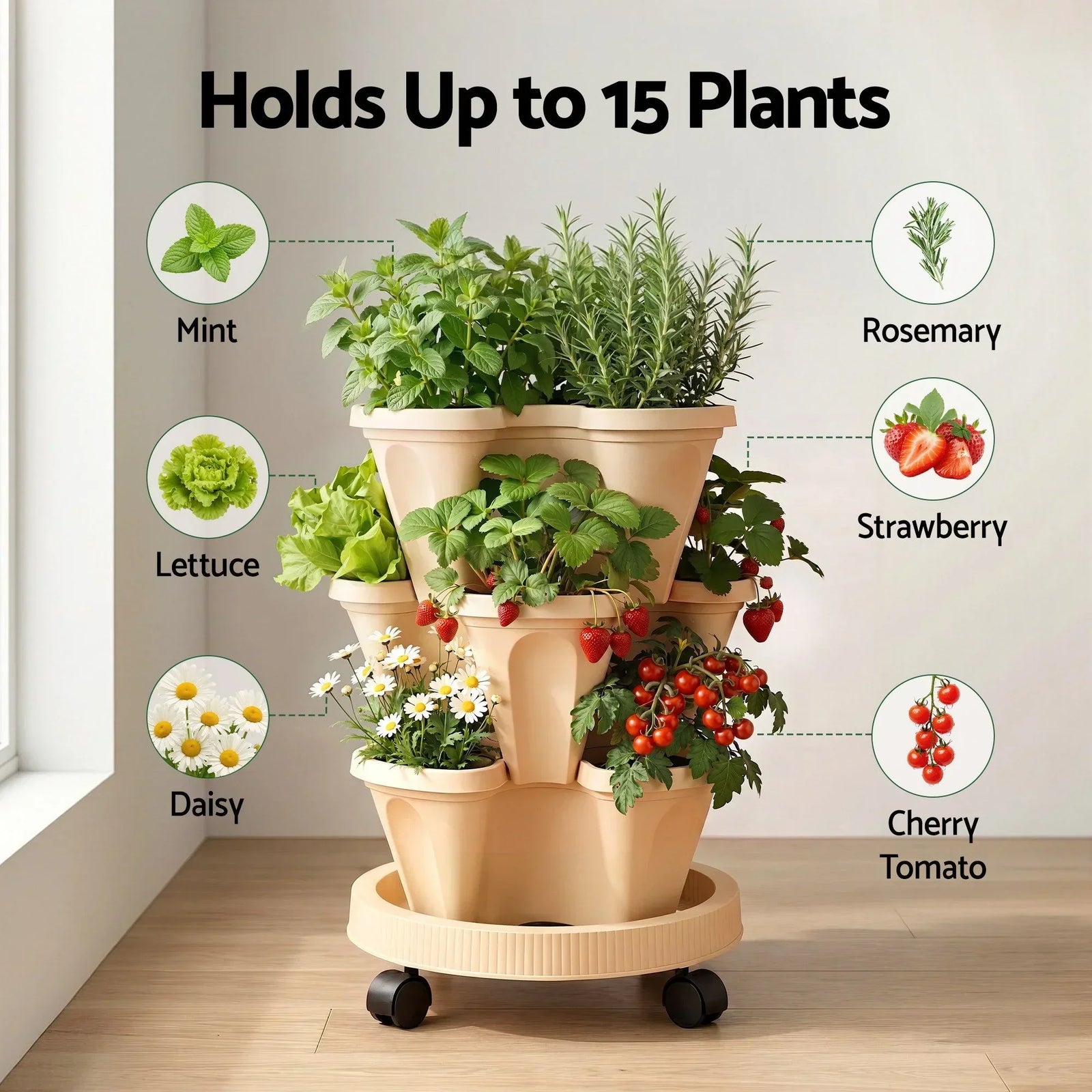 3 Tier Stackable Vertical Planter Tower Strawberry Pot Wheels Beige