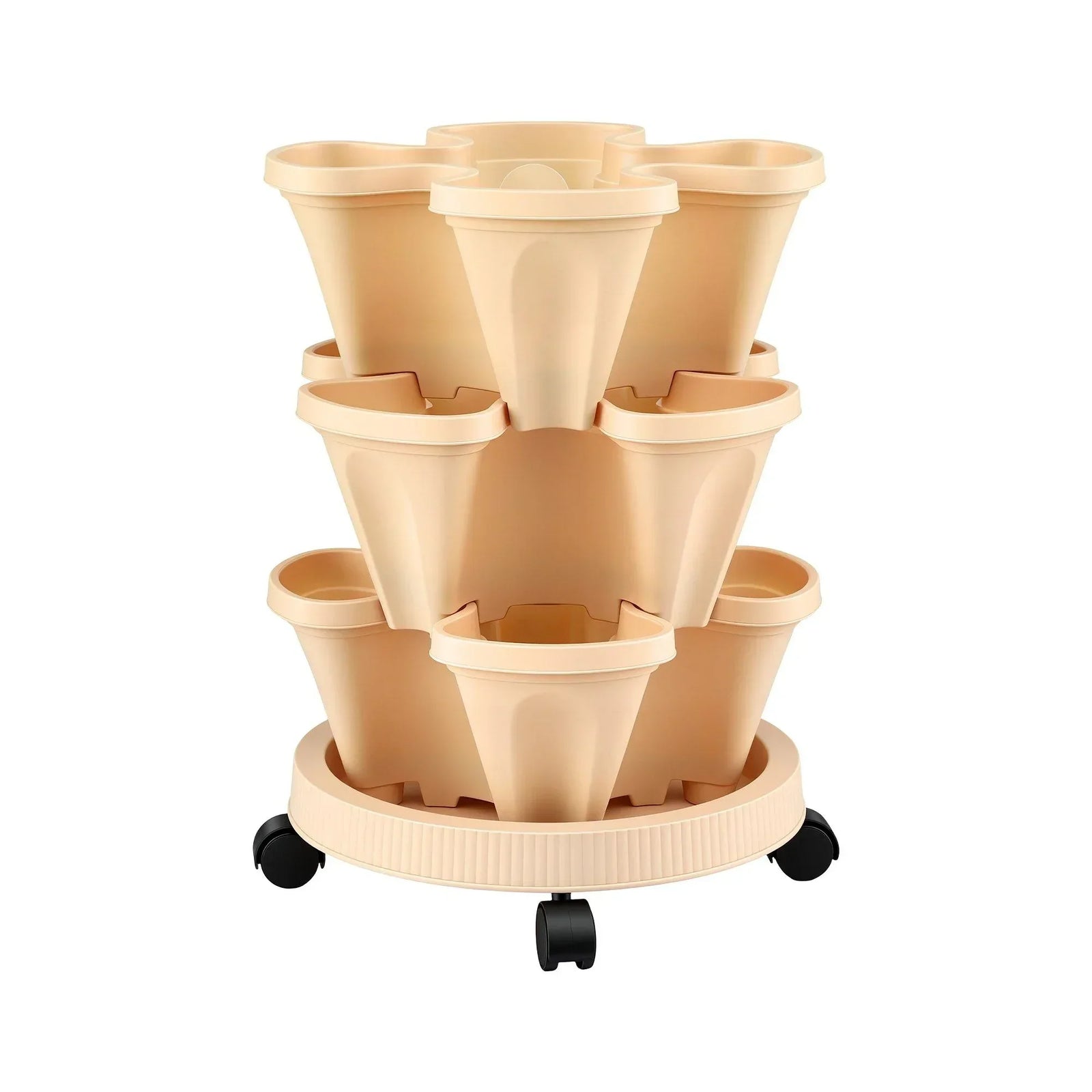 3 Tier Stackable Vertical Planter Tower Strawberry Pot Wheels Beige