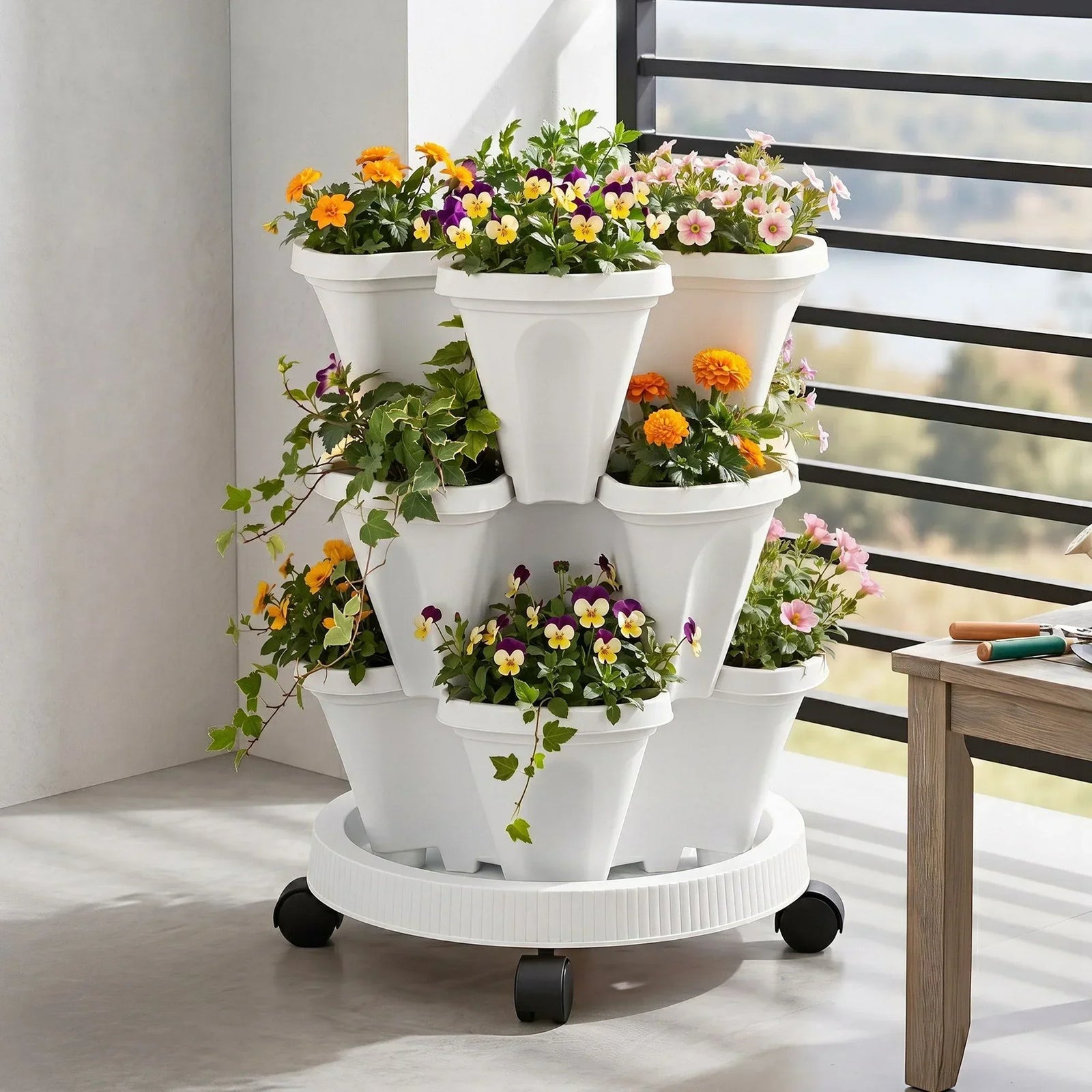 3 Tier Stackable Vertical Planter Tower Strawberry Pot Wheels White