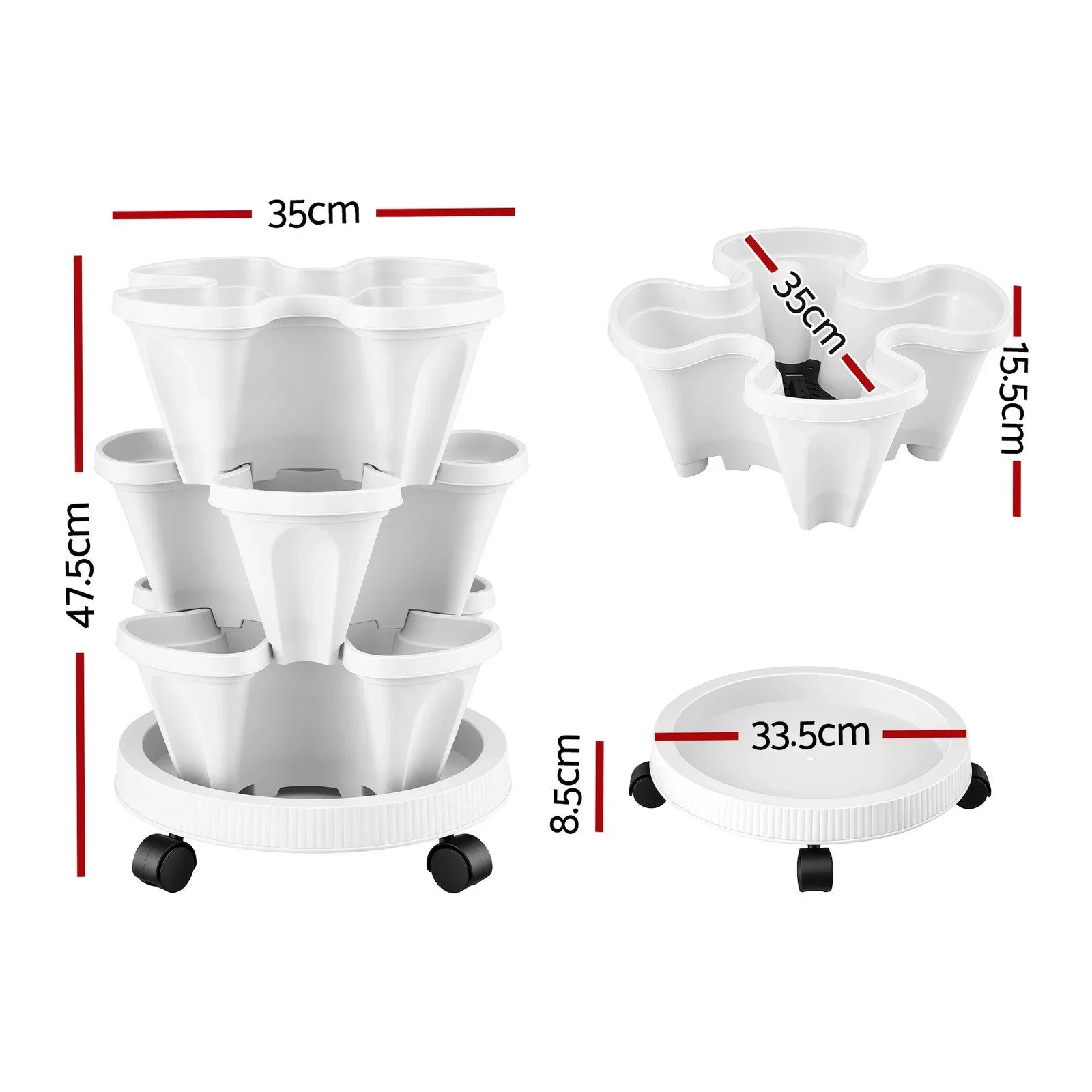3 Tier Stackable Vertical Planter Tower Strawberry Pot Wheels White