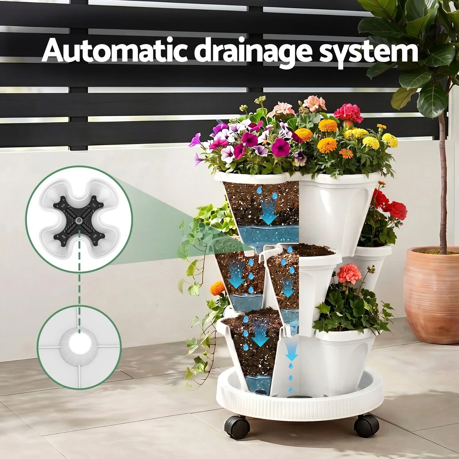 3 Tier Stackable Vertical Planter Tower Strawberry Pot Wheels White