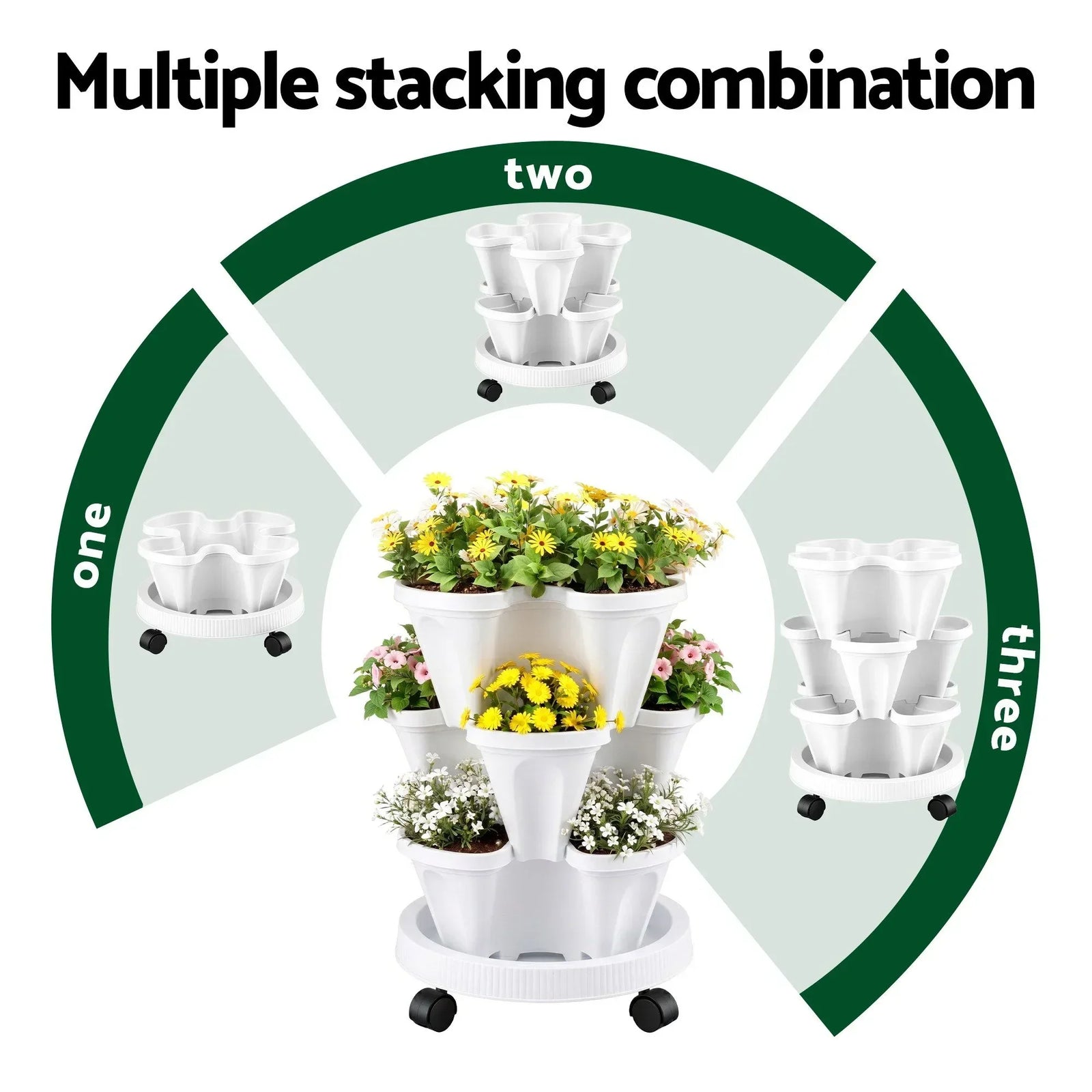 3 Tier Stackable Vertical Planter Tower Strawberry Pot Wheels White
