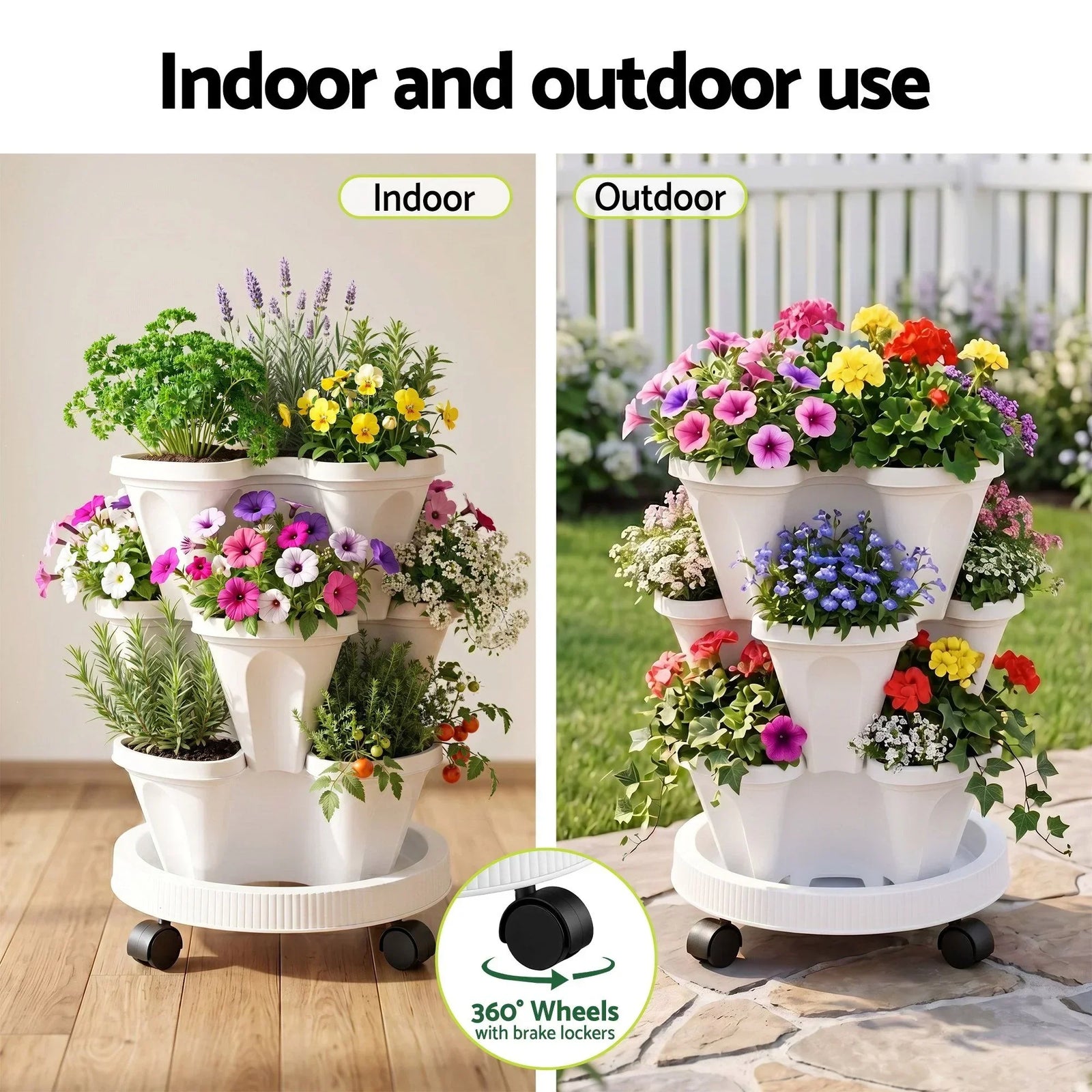 3 Tier Stackable Vertical Planter Tower Strawberry Pot Wheels White