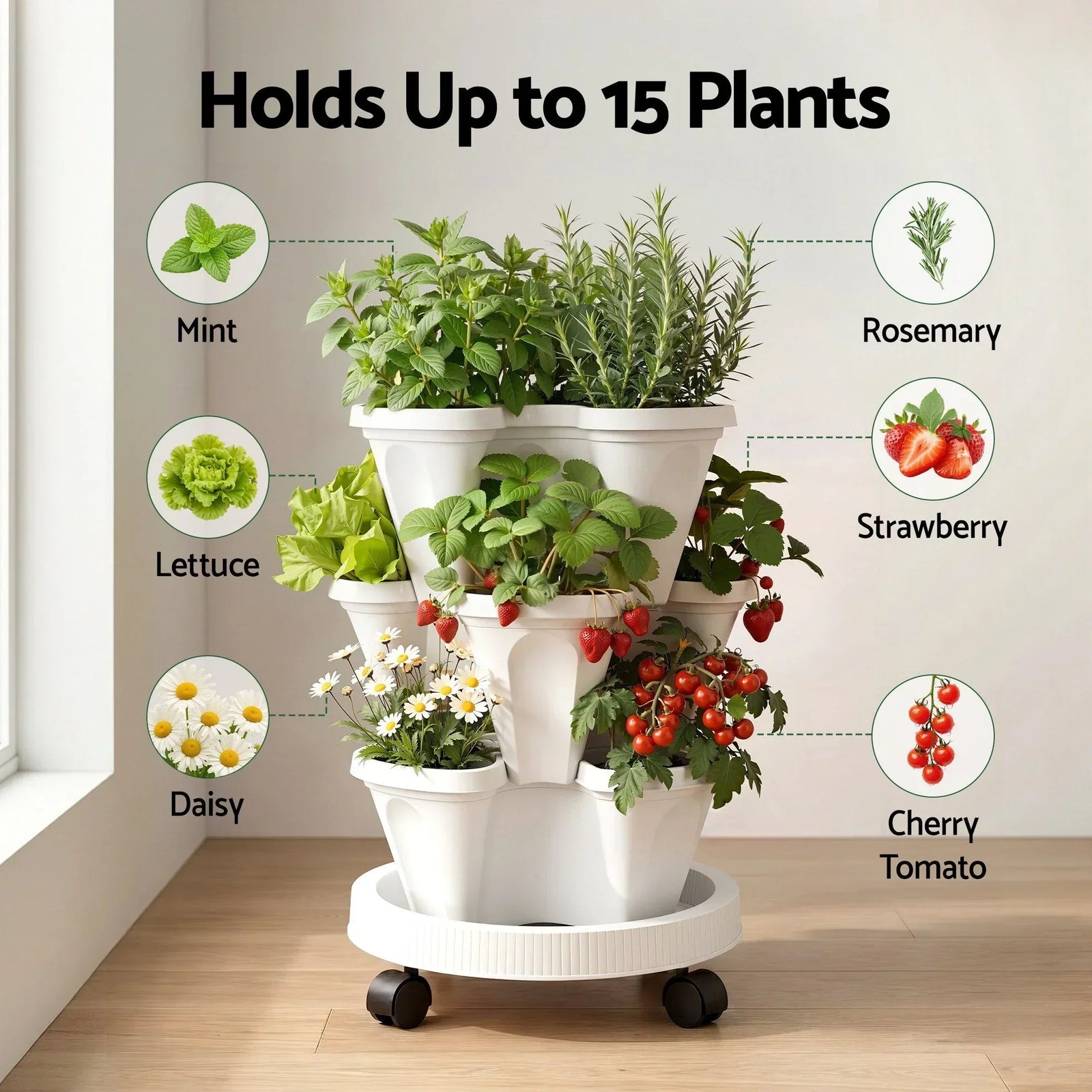 3 Tier Stackable Vertical Planter Tower Strawberry Pot Wheels White