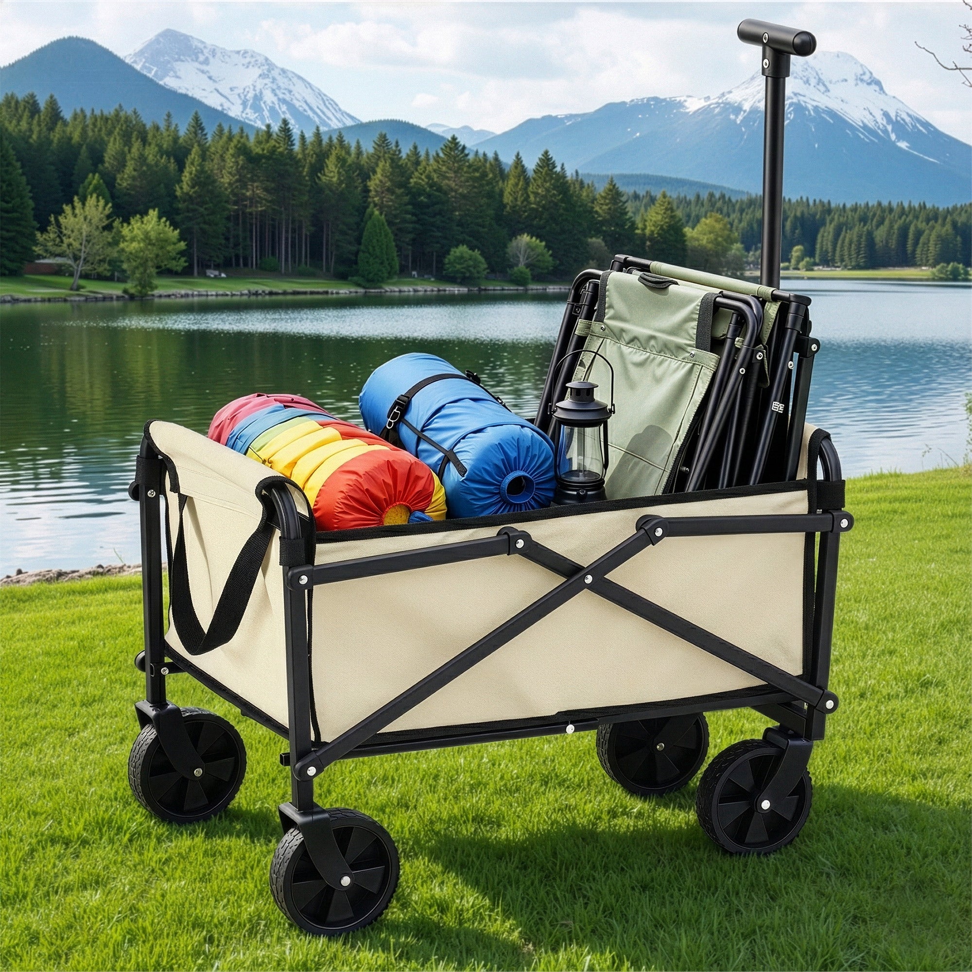 Garden Cart Folding Trolley Camping Wagon Barrow Outdoor Beach Beige