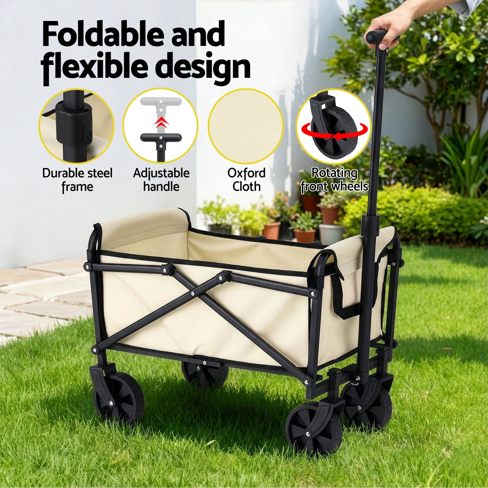 Garden Cart Folding Trolley Camping Wagon Barrow Outdoor Beach Beige