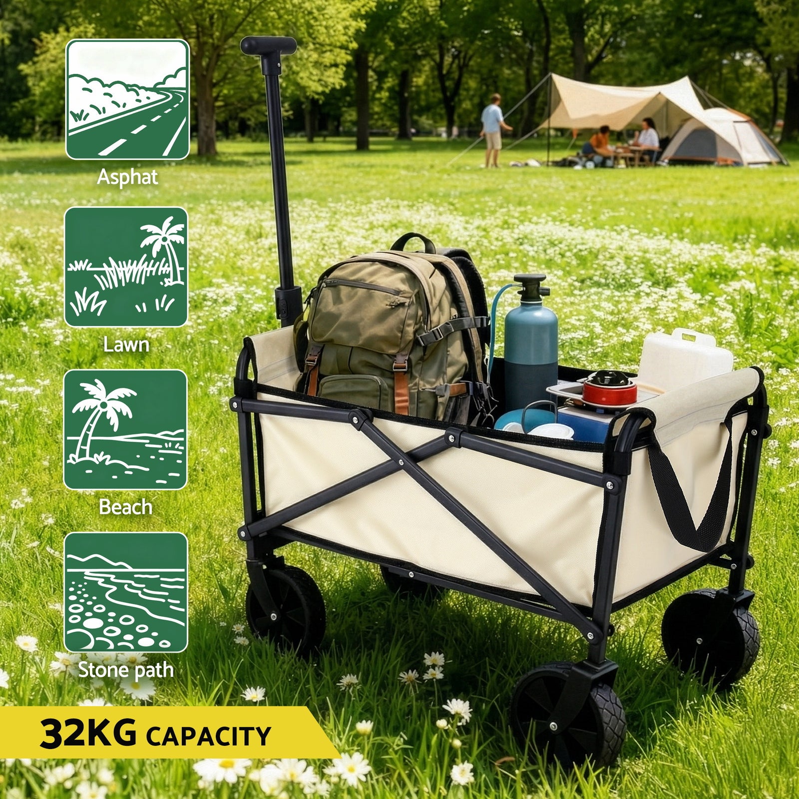 Garden Cart Folding Trolley Camping Wagon Barrow Outdoor Beach Beige