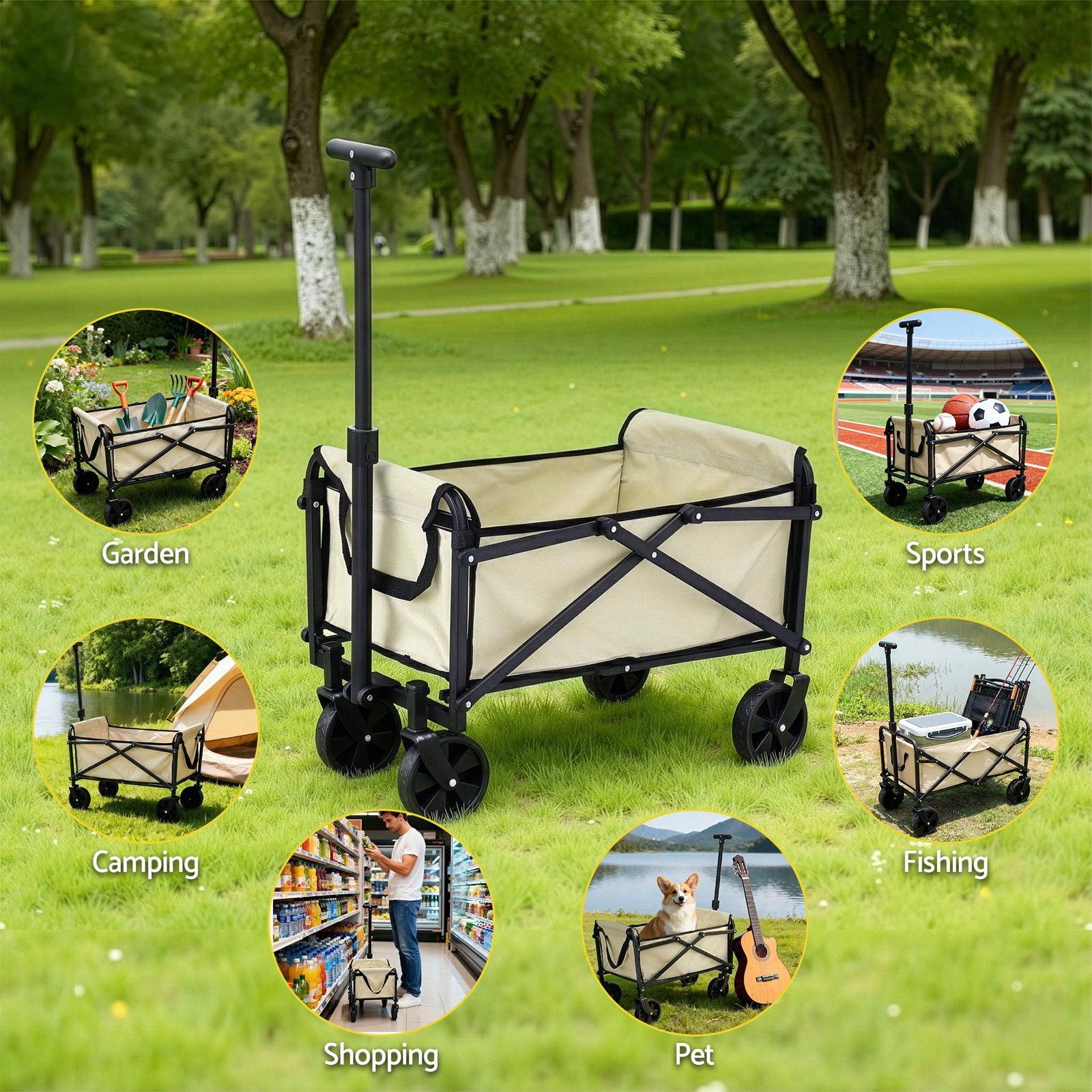 Garden Cart Folding Trolley Camping Wagon Barrow Outdoor Beach Beige