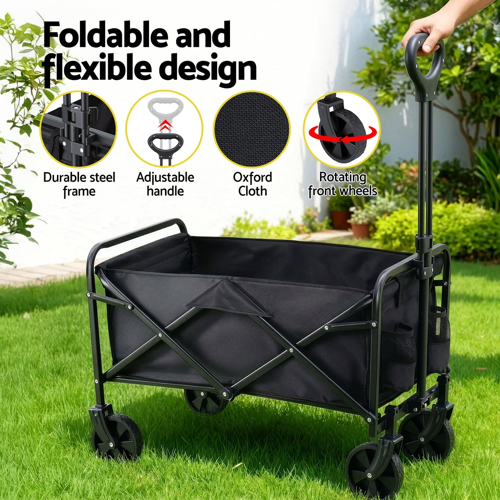 Garden Cart Folding Trolley Camping Wagon Barrow Outdoor Beach Black