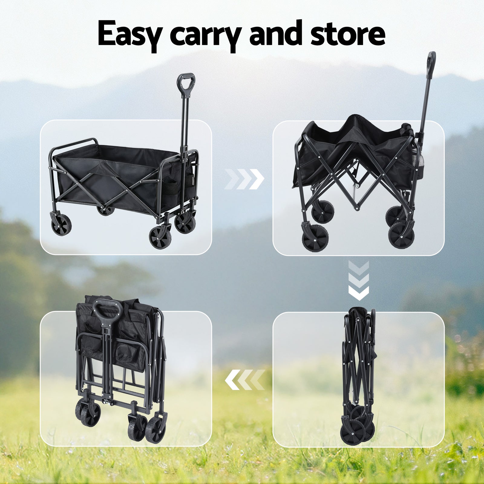 Garden Cart Folding Trolley Camping Wagon Barrow Outdoor Beach Black