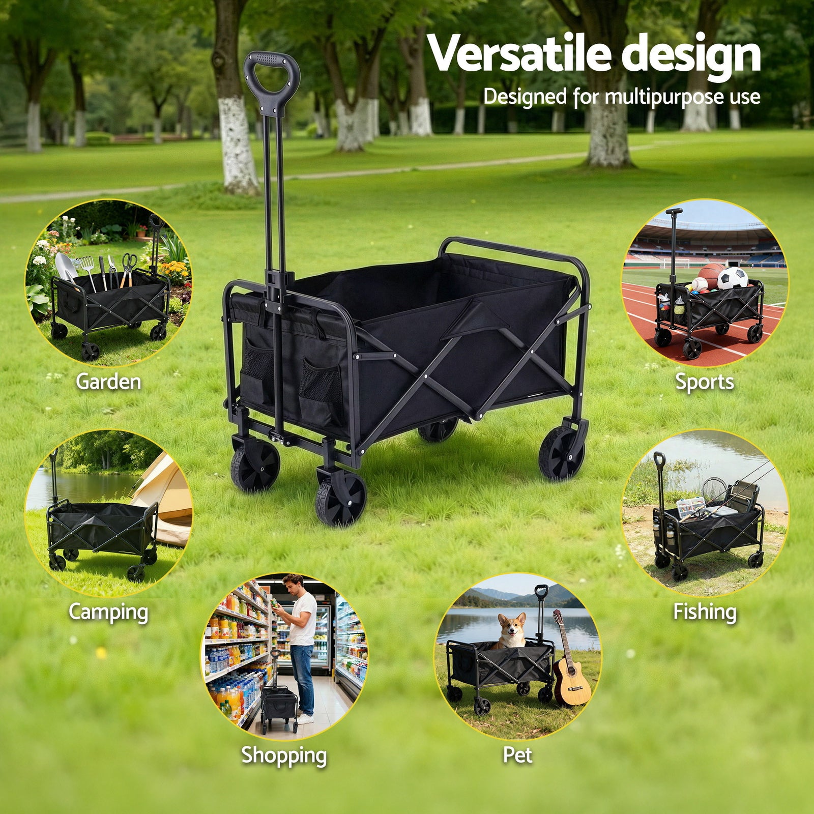 Garden Cart Folding Trolley Camping Wagon Barrow Outdoor Beach Black