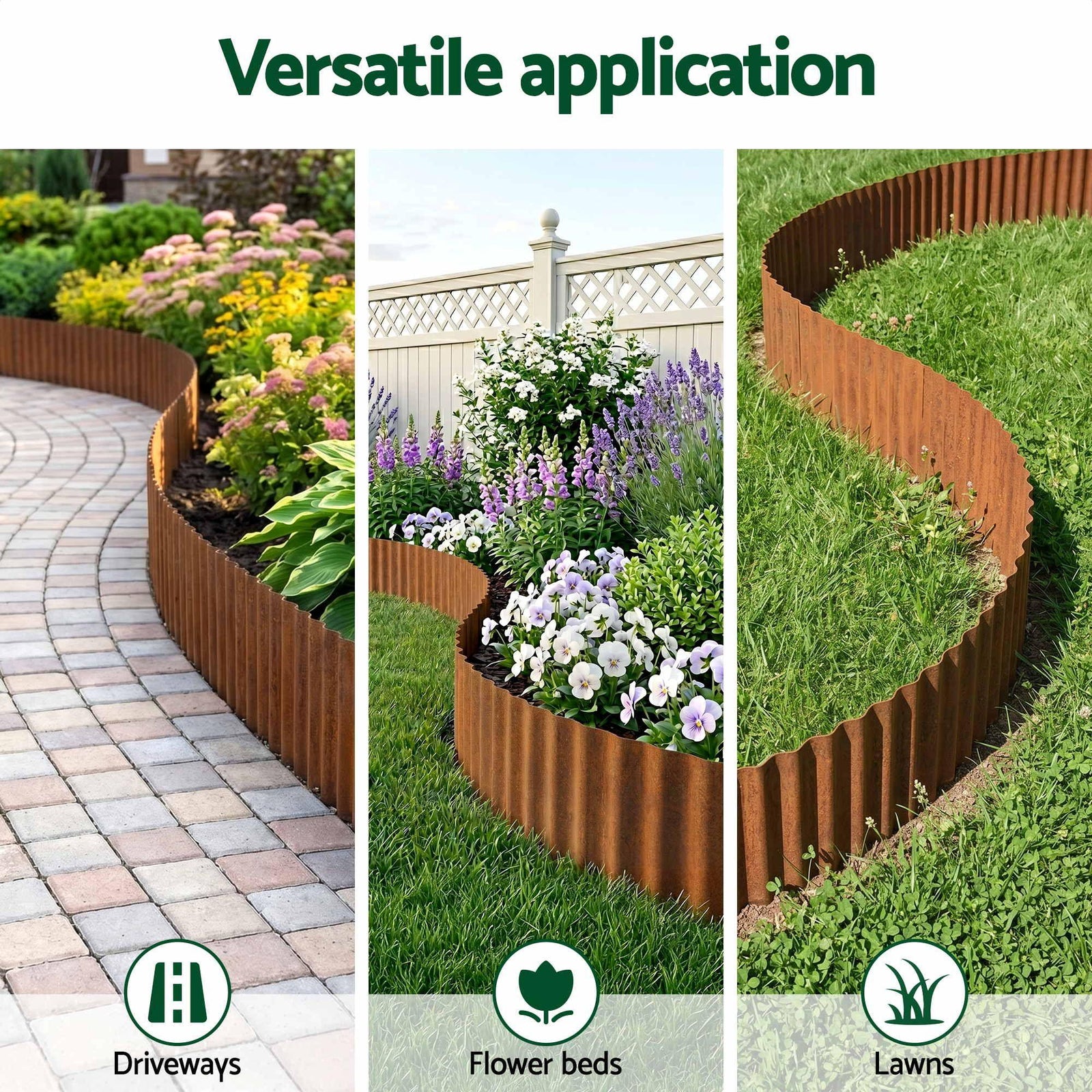 Metal Garden Edging – 10ft Flexible Corrugated Steel Lawn Border, Rust