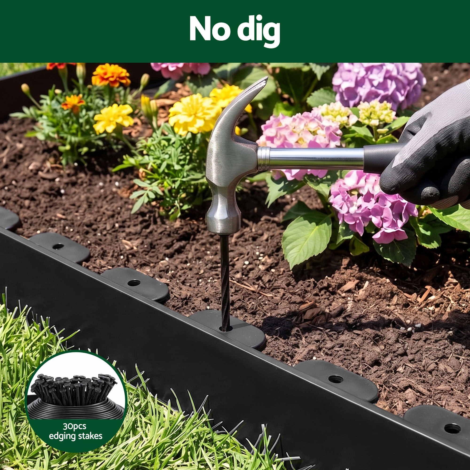 Garden Landscape Edging – Flexible PP No‑Dig Border, 10pcs + 30 Nails, Black