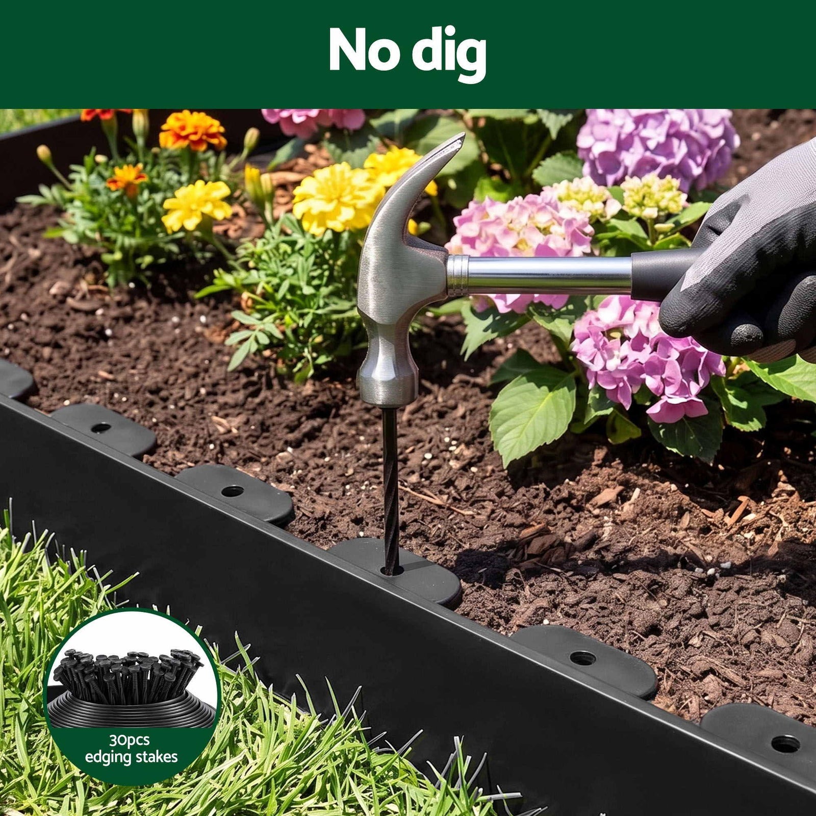Garden Landscape Edging – Flexible PP No‑Dig Border, 10pcs + 30 Nails, Black