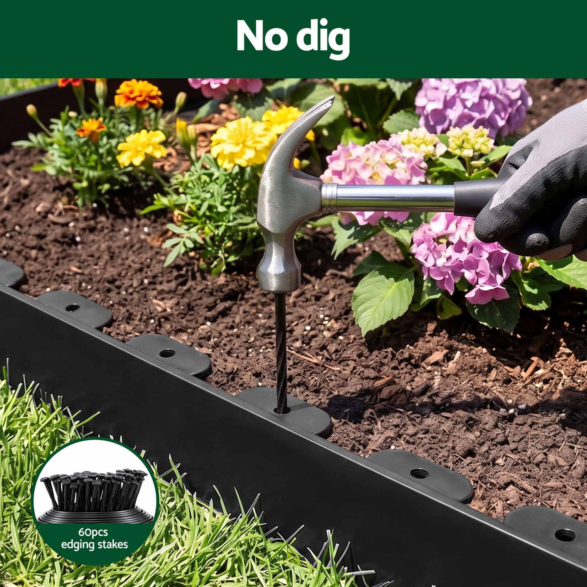 Garden Landscape Edging – Flexible PP No‑Dig Border, 10pcs + 60 Nails, Black