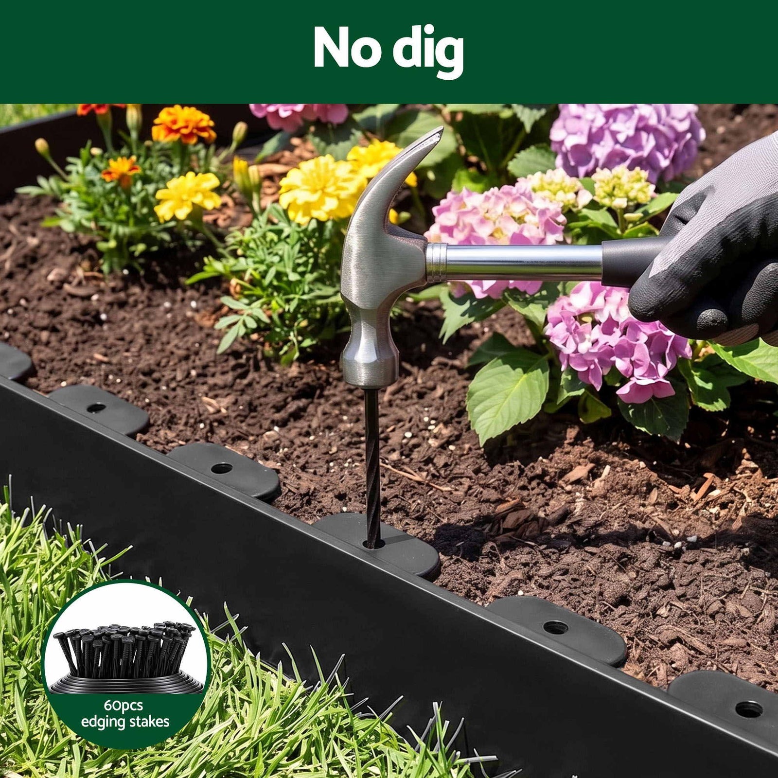 Garden Landscape Edging – Flexible PP No‑Dig Border, 10pcs + 60 Nails, Black