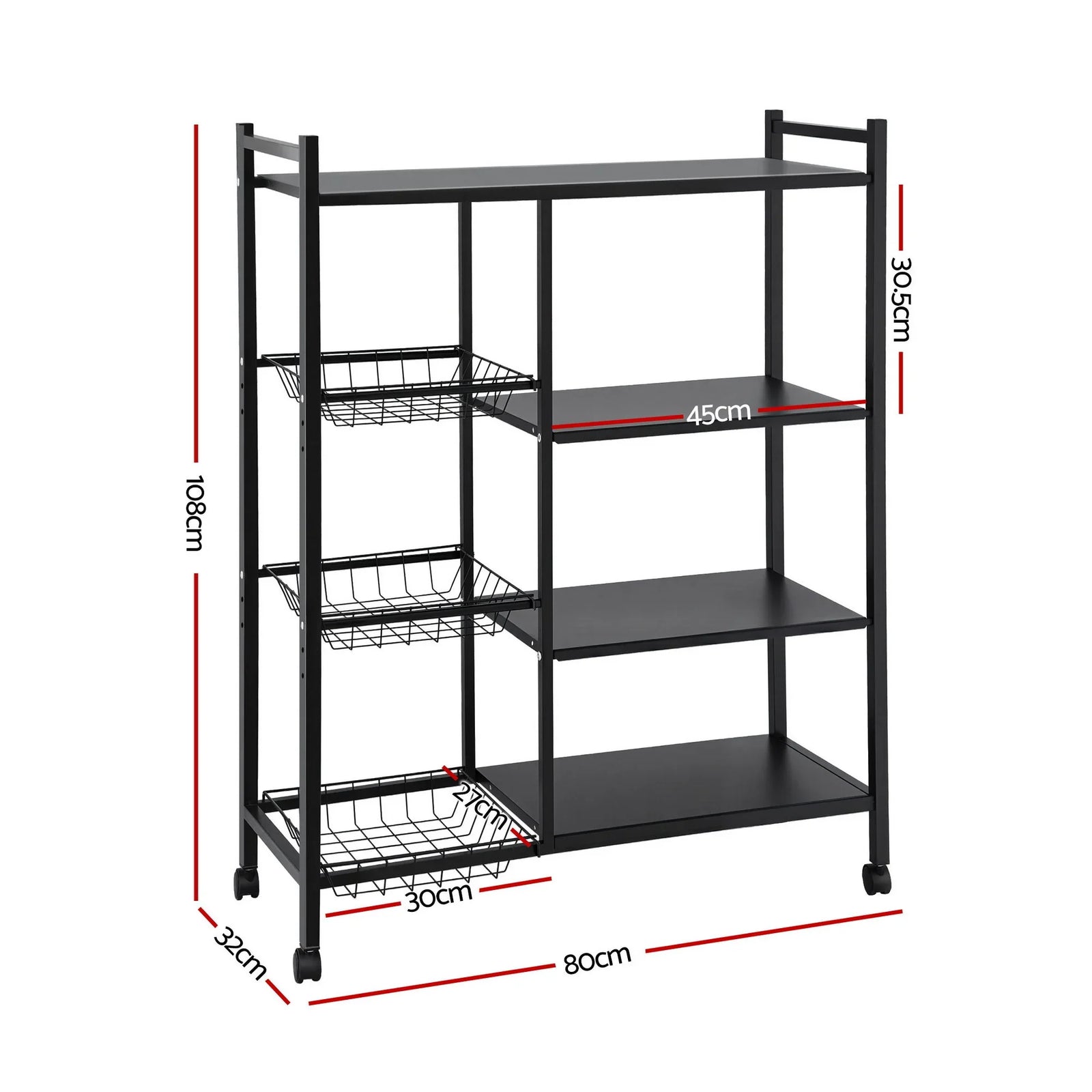 4-Tier Kitchen Rack Microwave Bakers Storage Shelf with 3 Baskets Wheels