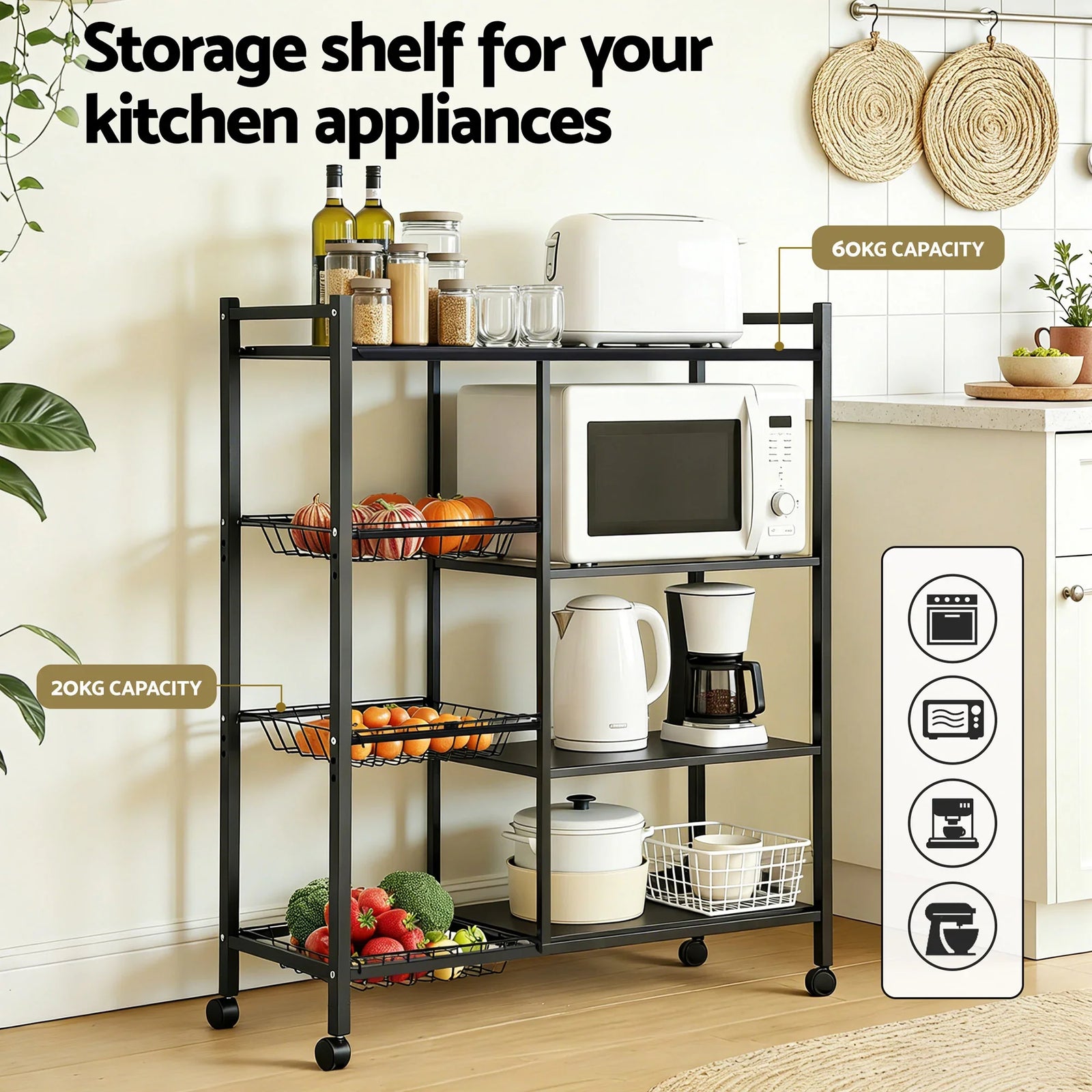 4-Tier Kitchen Rack Microwave Bakers Storage Shelf with 3 Baskets Wheels