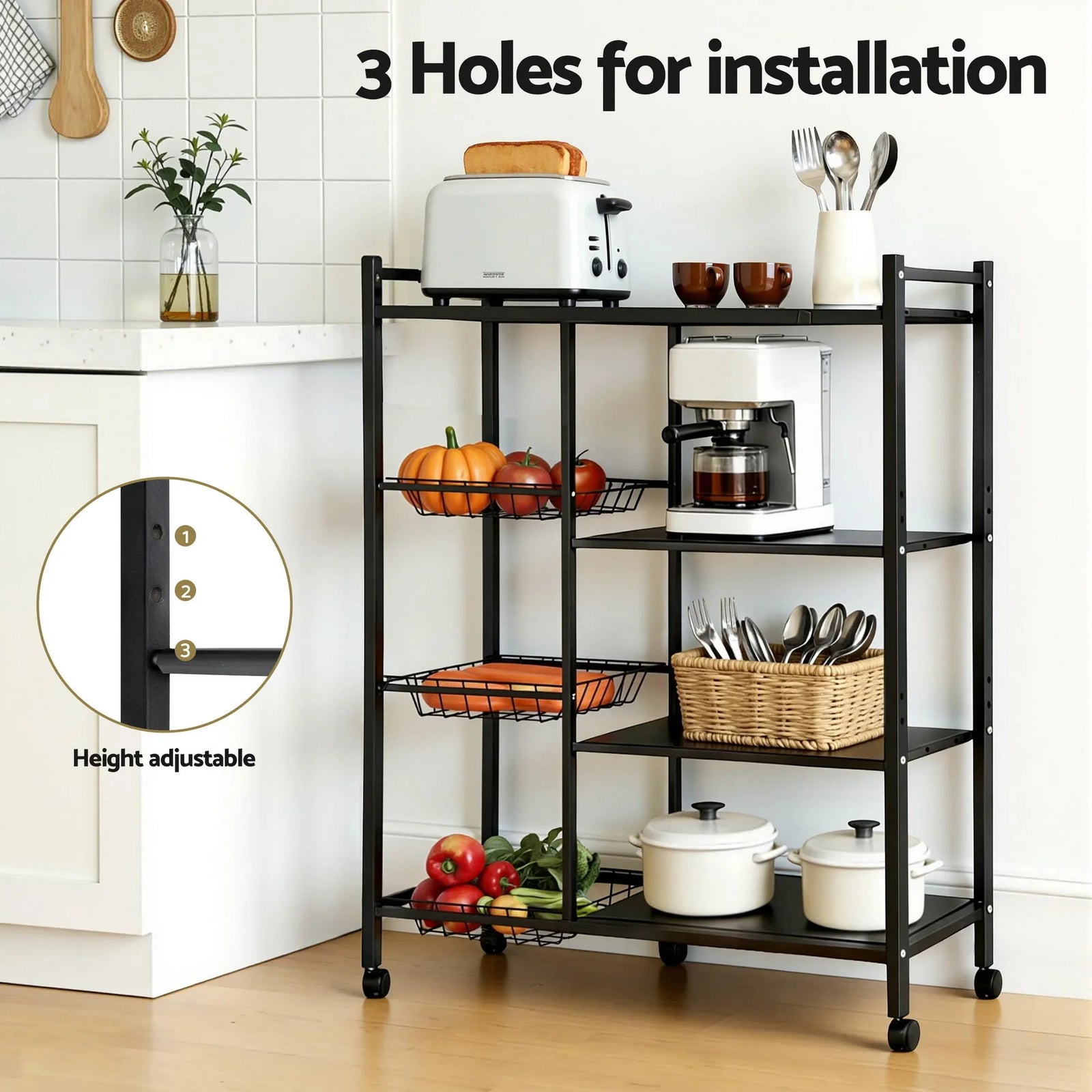4-Tier Kitchen Rack Microwave Bakers Storage Shelf with 3 Baskets Wheels