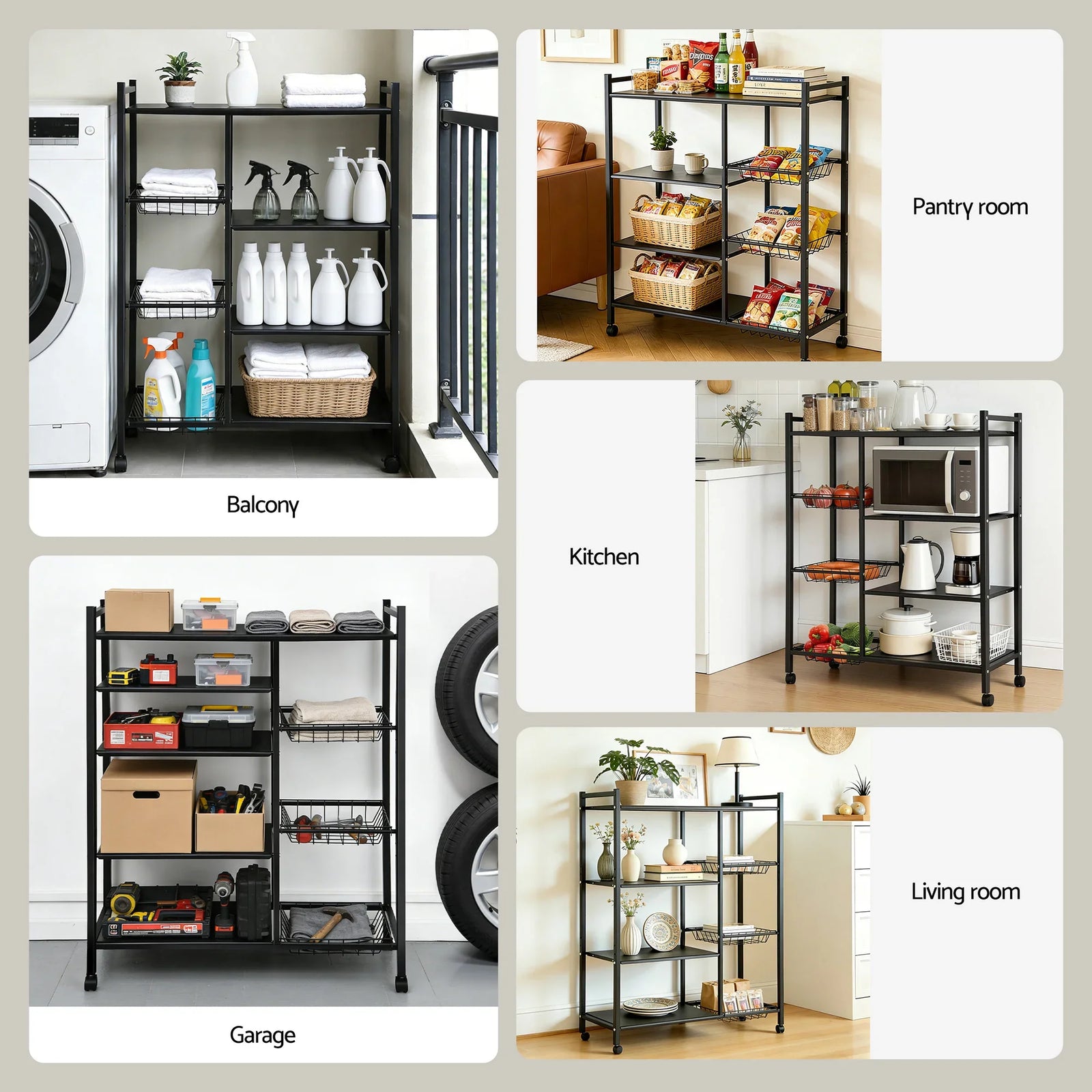 4-Tier Kitchen Rack Microwave Bakers Storage Shelf with 3 Baskets Wheels