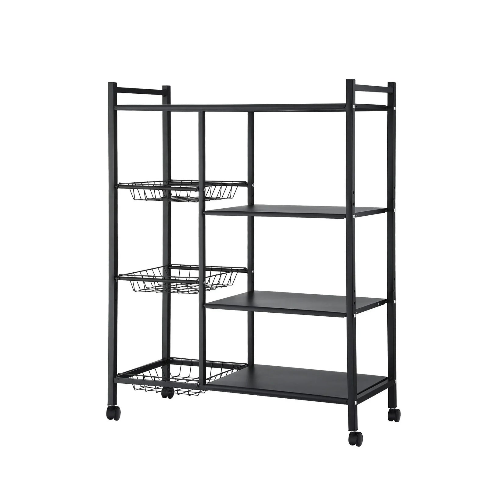 4-Tier Kitchen Rack Microwave Bakers Storage Shelf with 3 Baskets Wheels