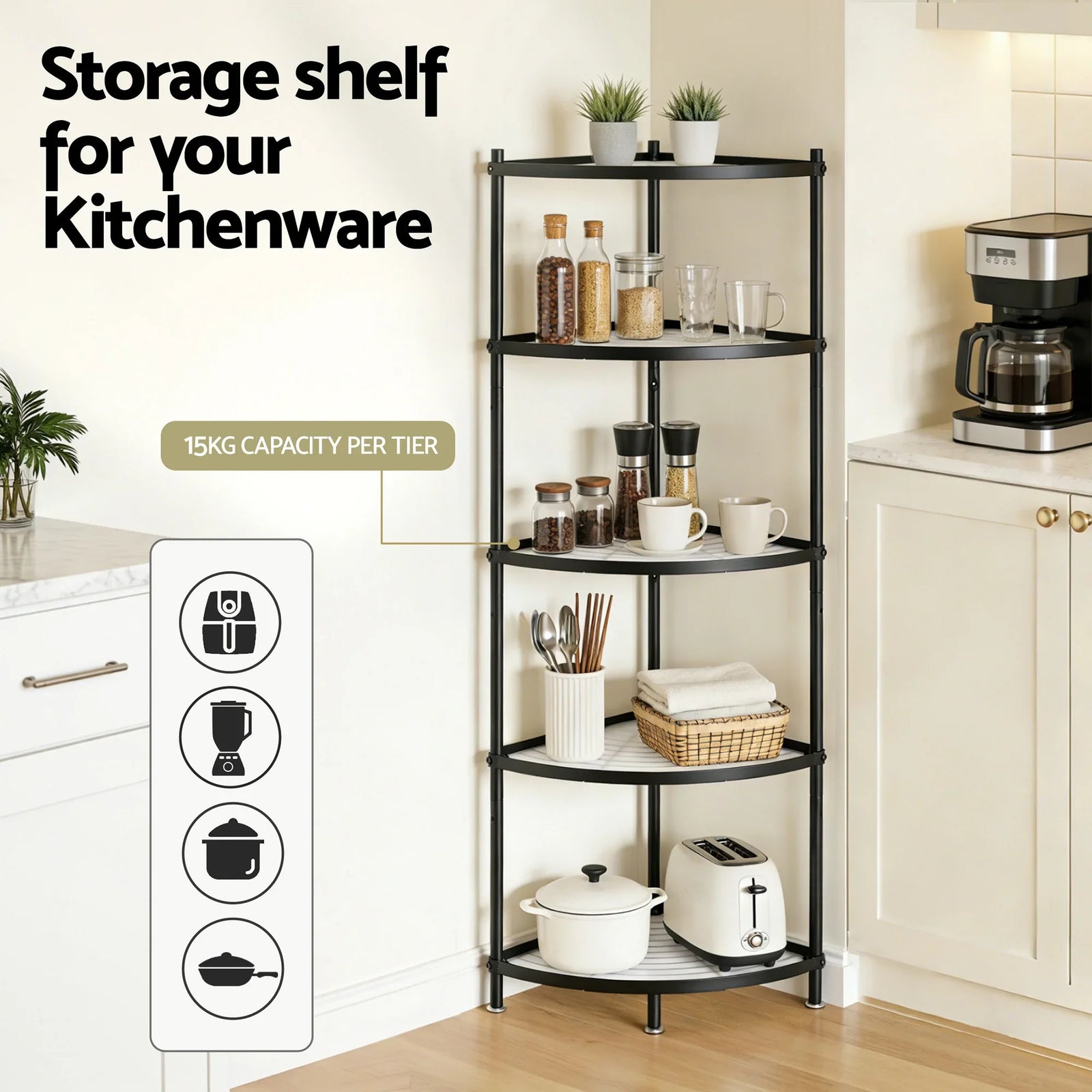 5-Tier Kitchen Corner Shelf Rack Stand Microwave Metal Storage Shelves