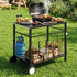 BBQ Camp Party Table, Garden Backyard Outdoor Cart Stainless Steel Prep Table Mobile Kitchen Trolley Heavy Duty with Wheels Tank Holder Hooks, Black