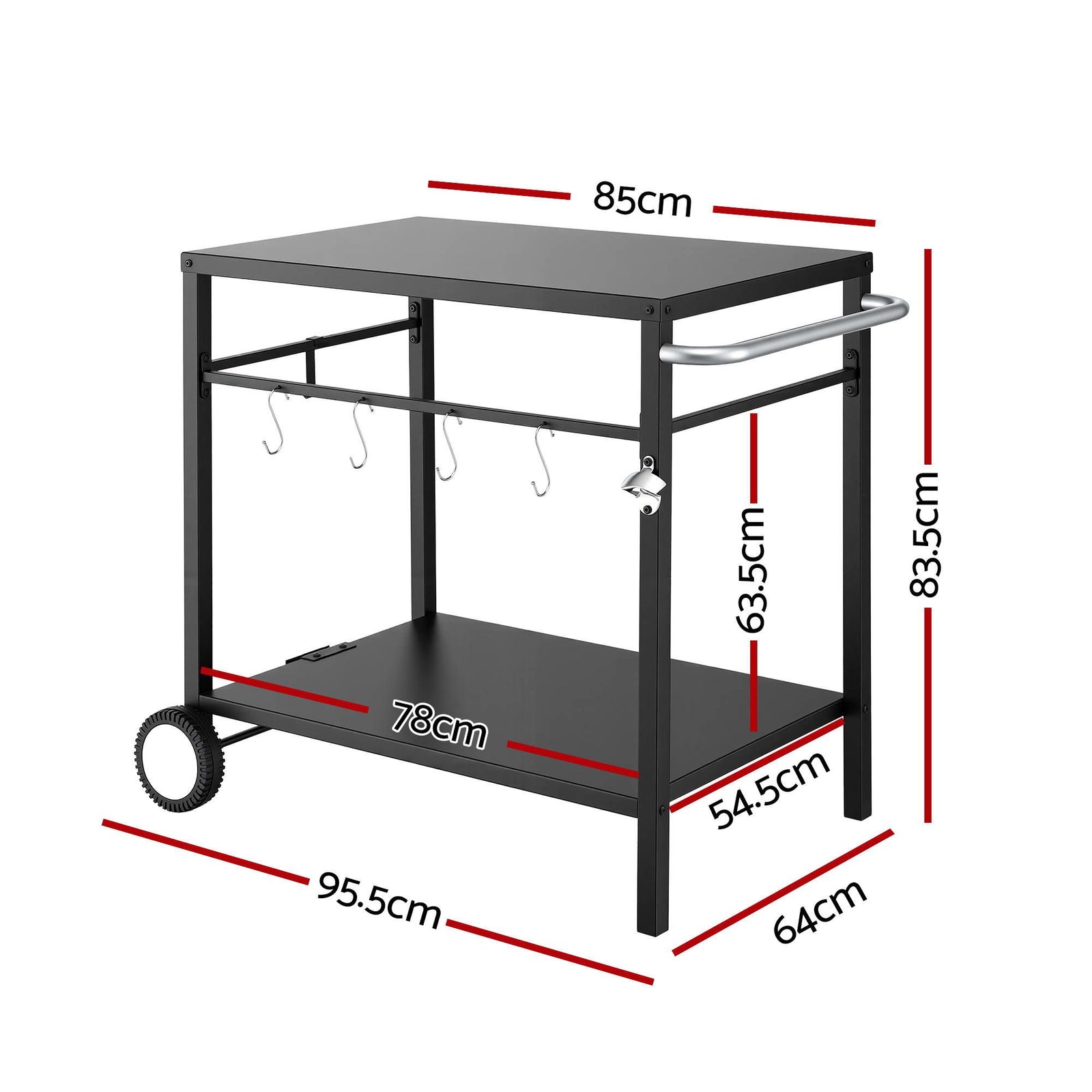 BBQ Camp Party Table, Garden Backyard Outdoor Cart Stainless Steel Prep Table Mobile Kitchen Trolley Heavy Duty with Wheels Tank Holder Hooks, Black