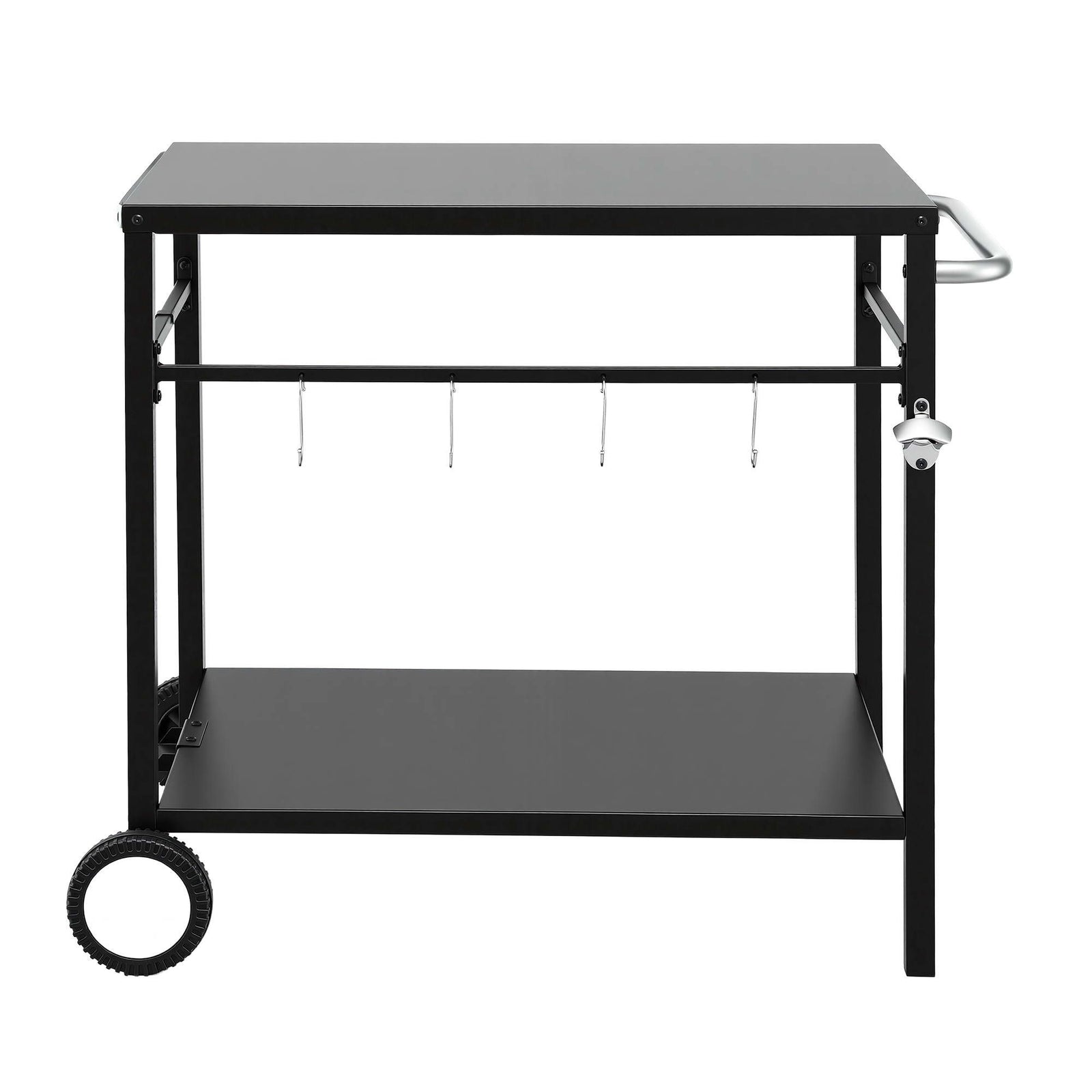BBQ Camp Party Table, Garden Backyard Outdoor Cart Stainless Steel Prep Table Mobile Kitchen Trolley Heavy Duty with Wheels Tank Holder Hooks, Black