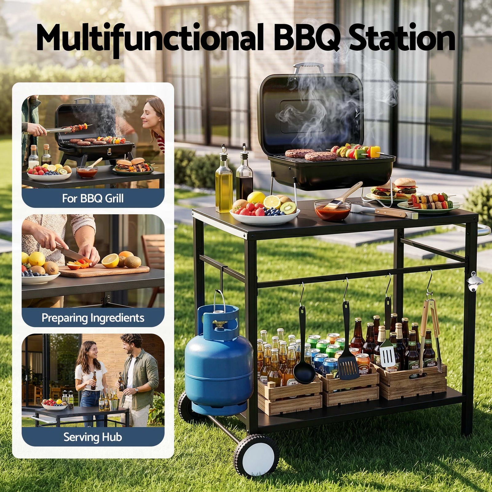 BBQ Camp Party Table, Garden Backyard Outdoor Cart Stainless Steel Prep Table Mobile Kitchen Trolley Heavy Duty with Wheels Tank Holder Hooks, Black