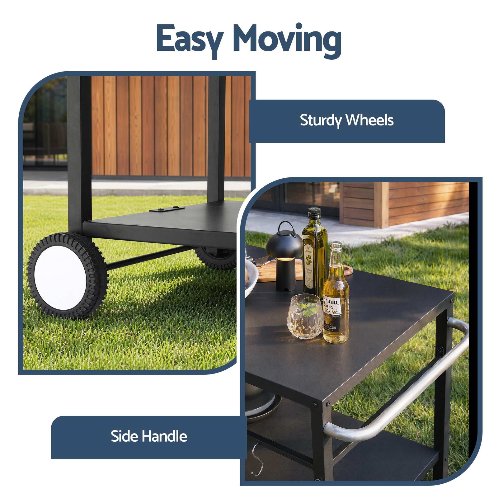 BBQ Camp Party Table, Garden Backyard Outdoor Cart Stainless Steel Prep Table Mobile Kitchen Trolley Heavy Duty with Wheels Tank Holder Hooks, Black