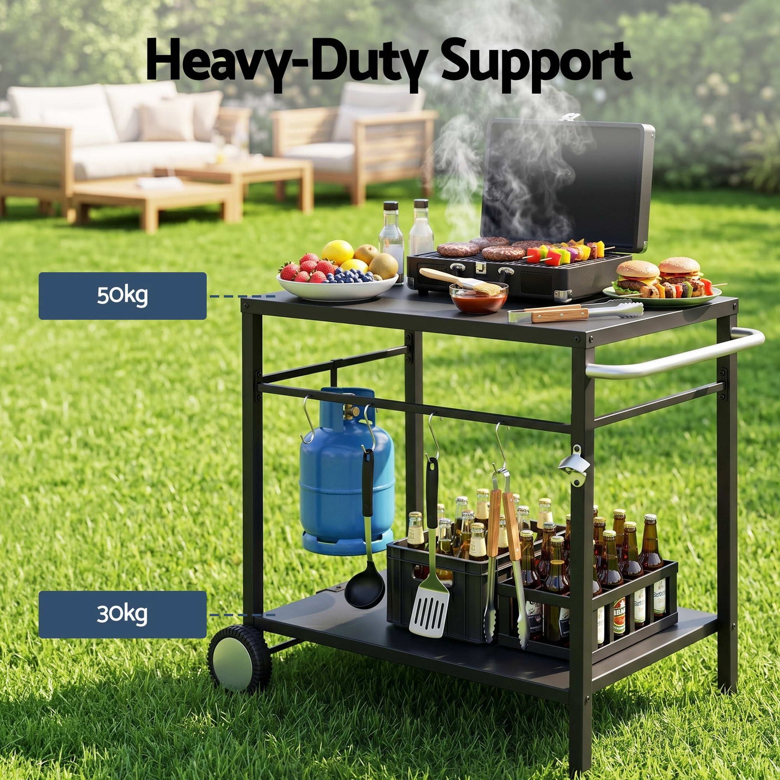 BBQ Camp Party Table, Garden Backyard Outdoor Cart Stainless Steel Prep Table Mobile Kitchen Trolley Heavy Duty with Wheels Tank Holder Hooks, Black