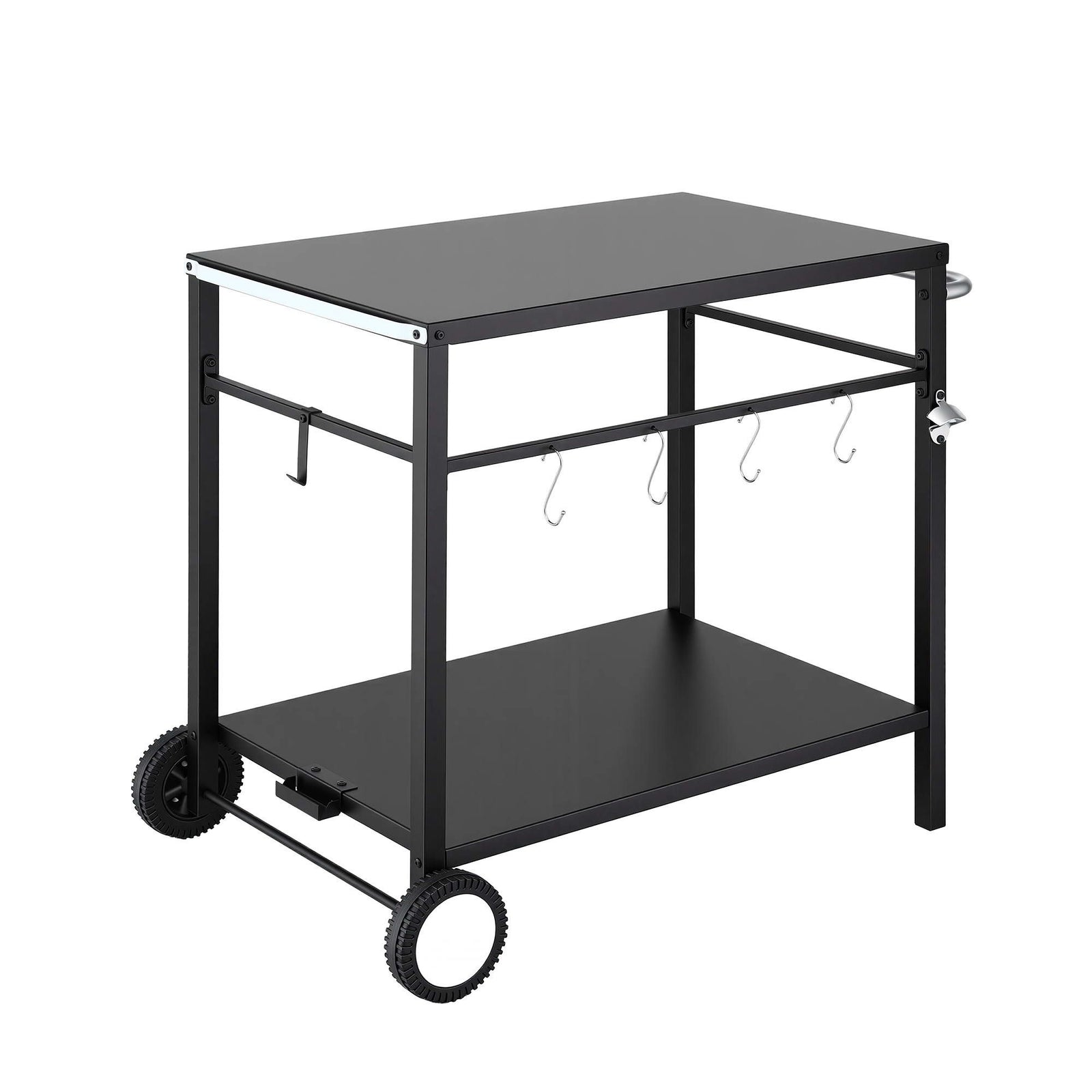 BBQ Camp Party Table, Garden Backyard Outdoor Cart Stainless Steel Prep Table Mobile Kitchen Trolley Heavy Duty with Wheels Tank Holder Hooks, Black
