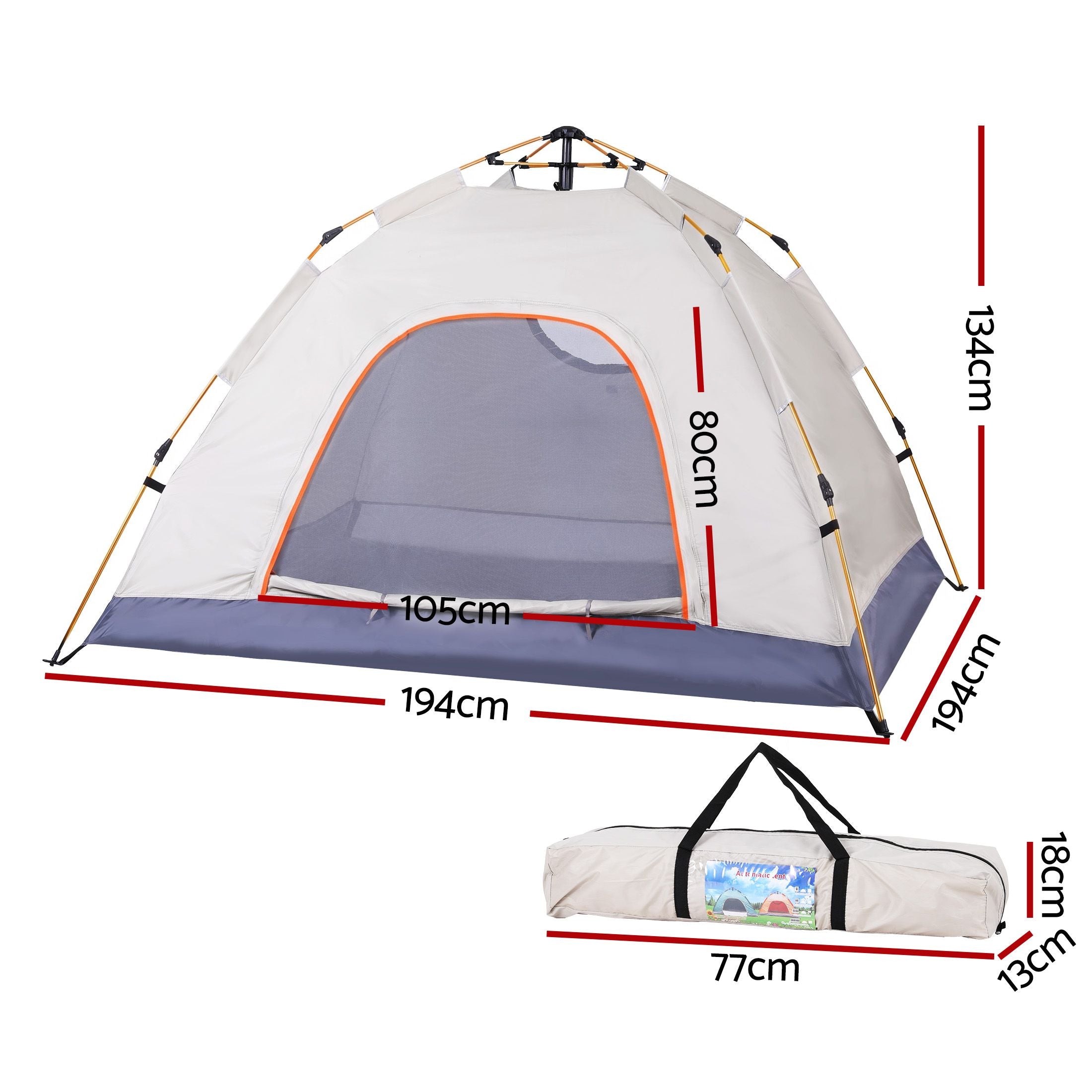 Camping Tent 2–3 Person – Instant Pop Up, PU3000, Oxford Cloth, Beige