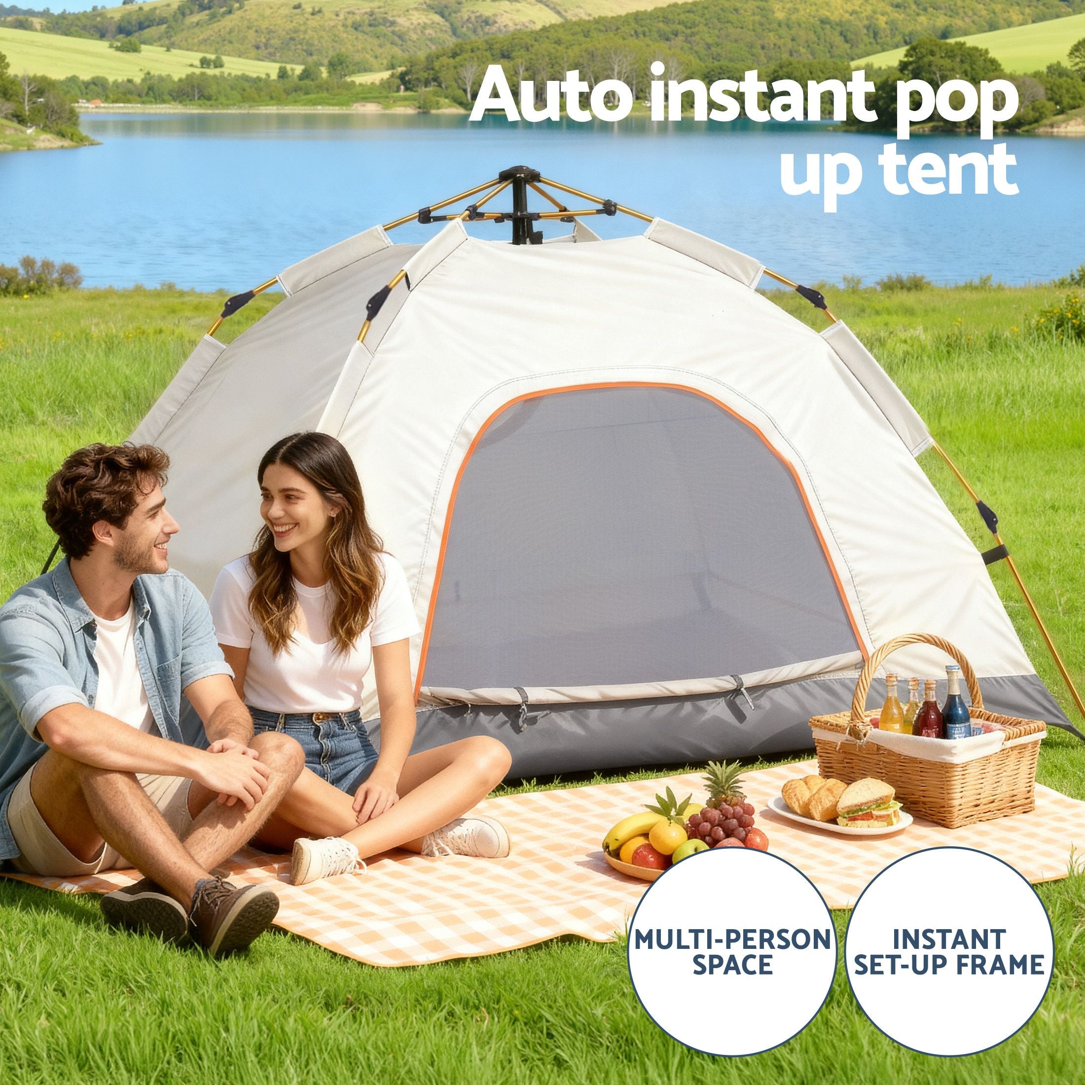 Camping Tent 2–3 Person – Instant Pop Up, PU3000, Oxford Cloth, Beige