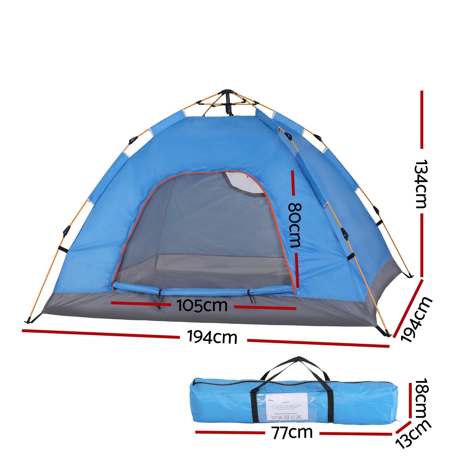 Auto Pop Up Tent – 2–3 Person, 210D Oxford, PU3000, Blue