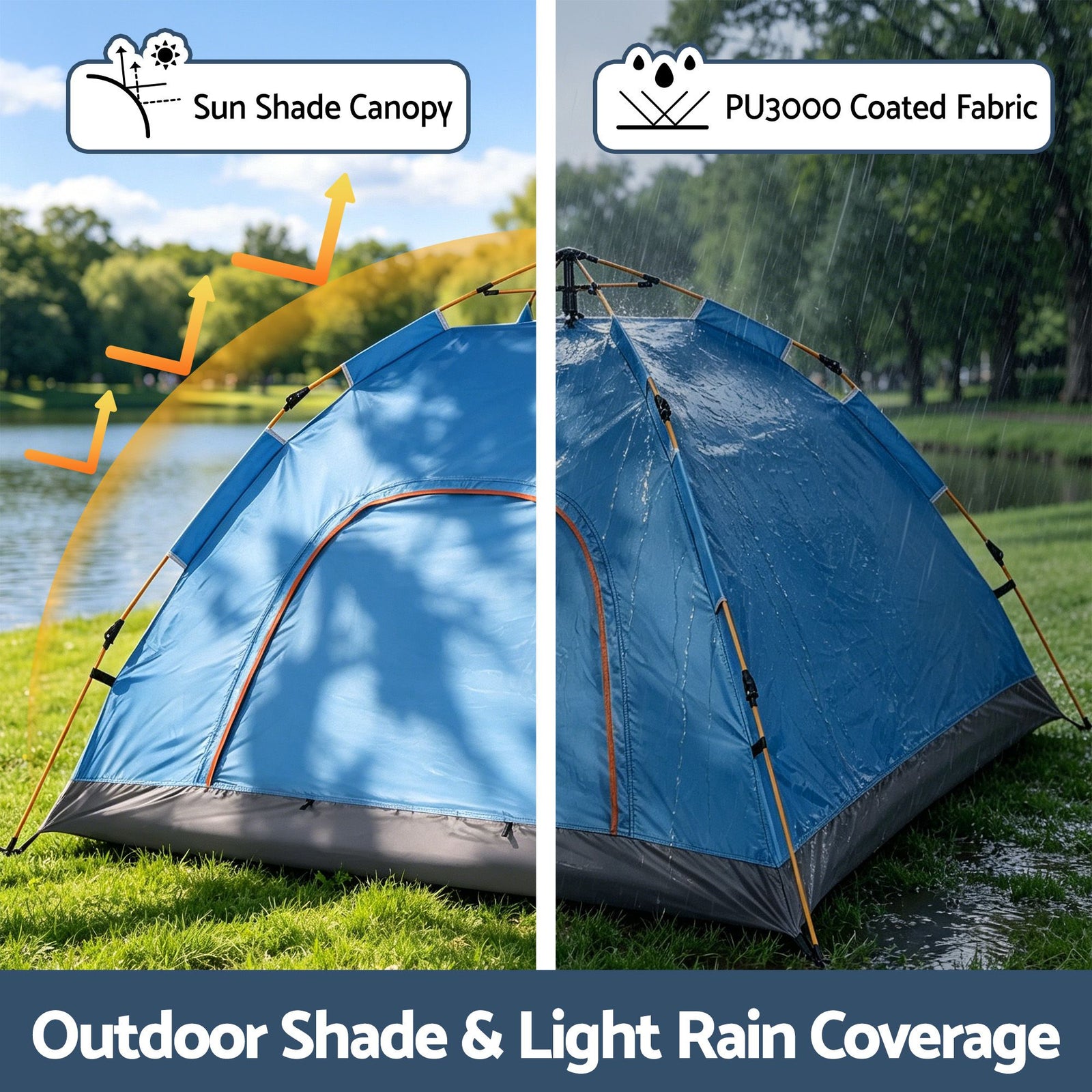 Auto Pop Up Tent – 2–3 Person, 210D Oxford, PU3000, Blue