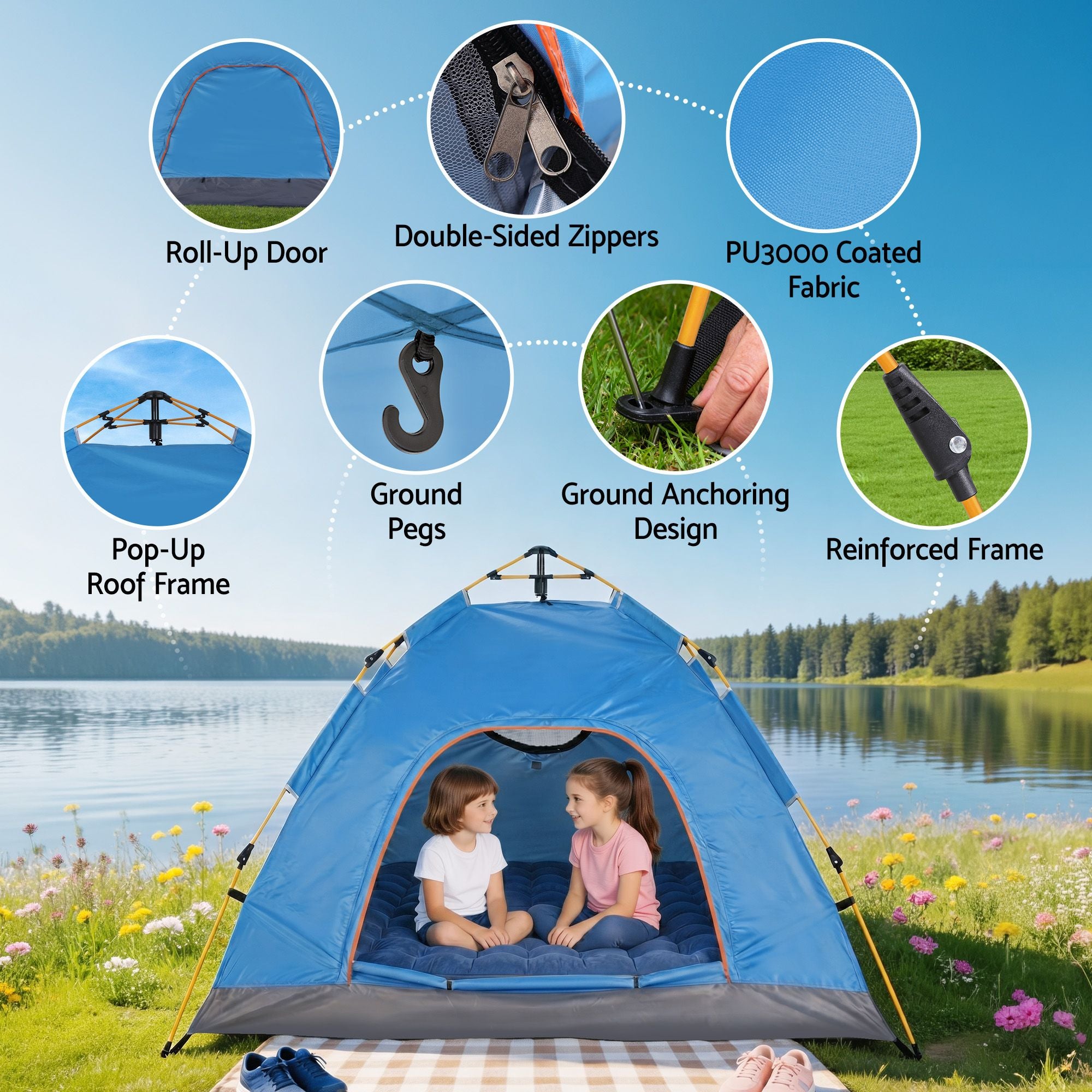 Auto Pop Up Tent – 2–3 Person, 210D Oxford, PU3000, Blue