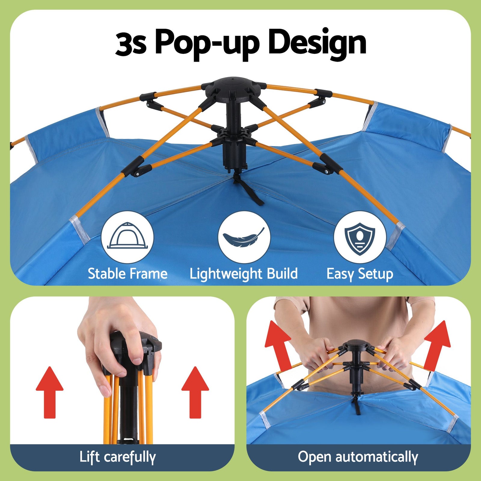 Auto Pop Up Tent – 2–3 Person, 210D Oxford, PU3000, Blue