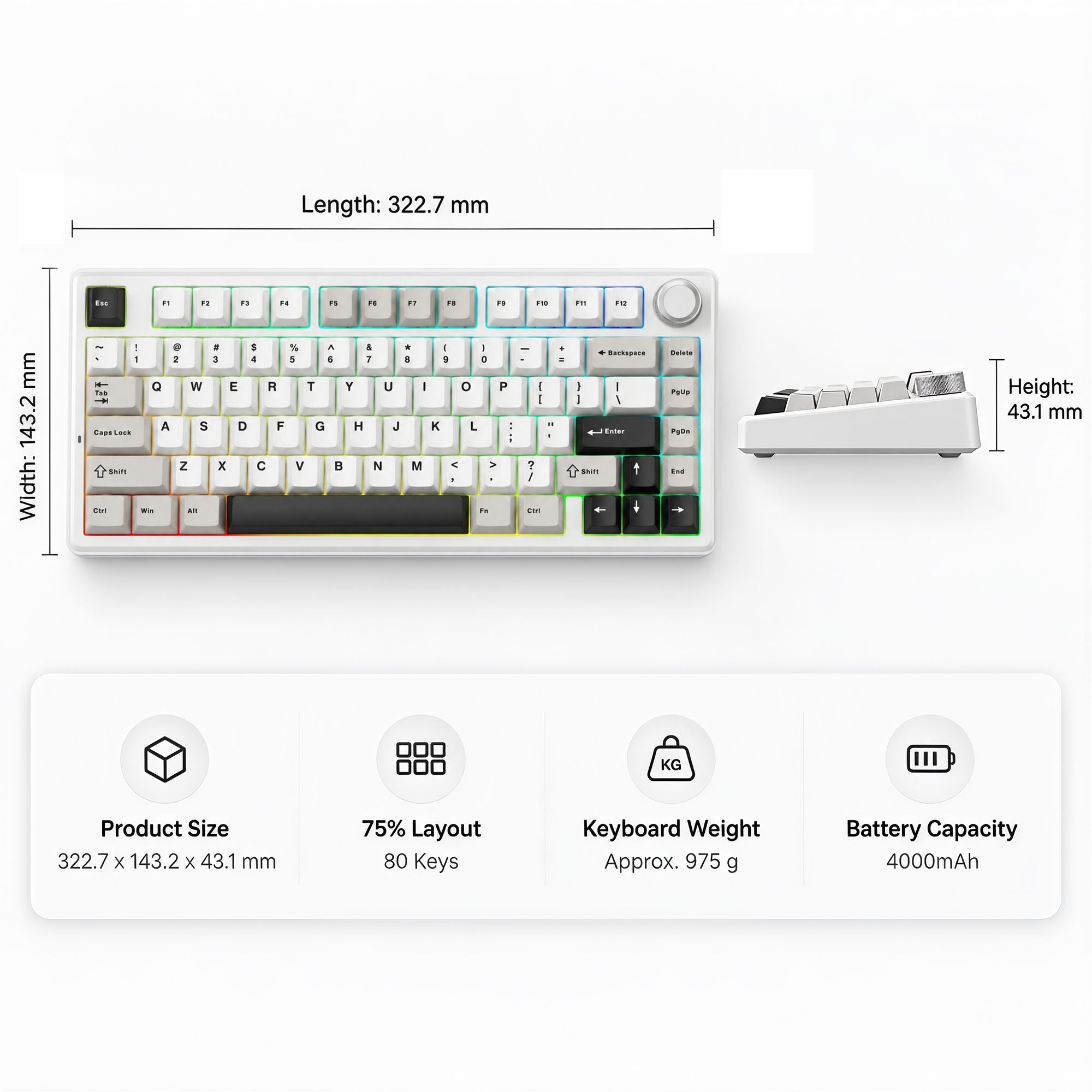 SOLAKAKA A75 Wireless Mechanical Keyboard 75% Gasket Hot-Swap RGB Knob Black